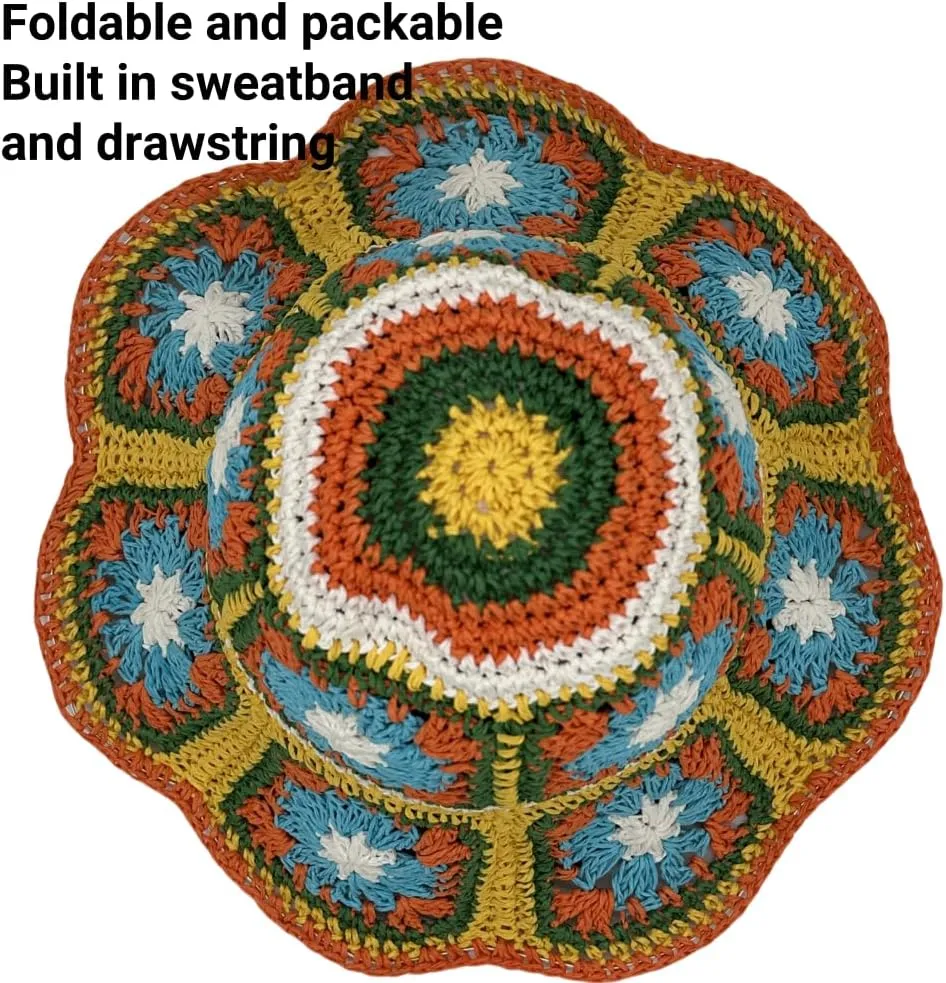 Multicolor Floral Crochet Straw Sun Hat, Foldable Wide Brim Bucket Hat, Packable Fishing Hat, Summer Beach Cap for Women