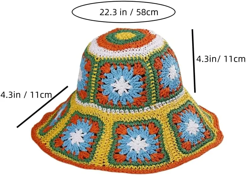 Multicolor Floral Crochet Straw Sun Hat, Foldable Wide Brim Bucket Hat, Packable Fishing Hat, Summer Beach Cap for Women