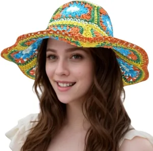 Multicolor Floral Crochet Straw Sun Hat, Foldable Wide Brim Bucket Hat, Packable Fishing Hat, Summer Beach Cap for Women
