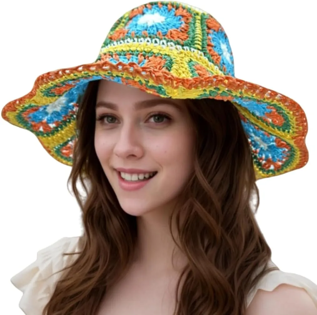 Multicolor Floral Crochet Straw Sun Hat, Foldable Wide Brim Bucket Hat, Packable Fishing Hat, Summer Beach Cap for Women