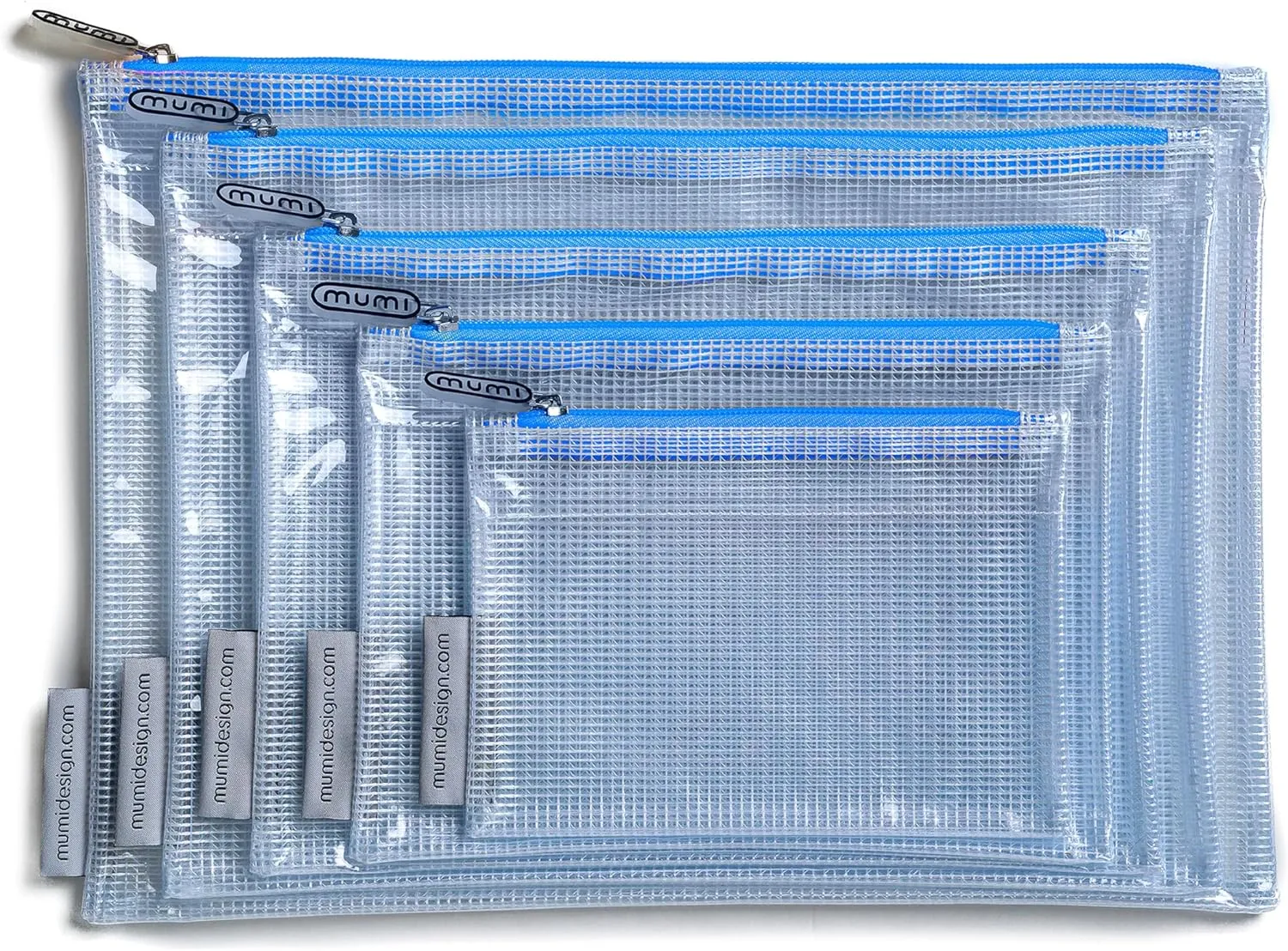 MUMI 5 Multi-Size Organizing Bags – Clear Zipper Pouches for Organizing, Storage & Travel with 10 Removable Labels – Reusable Waterproof Mesh Zipper Pouch Set, Plastic Zip Bags for Supplies (Blue)