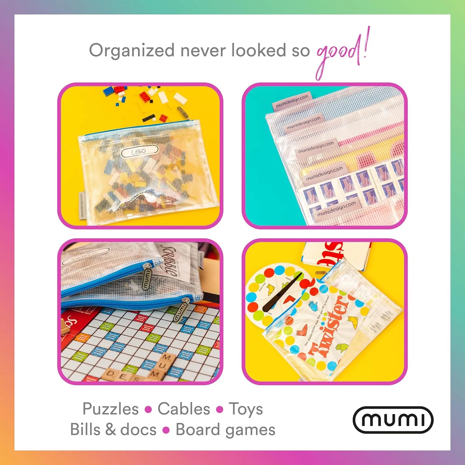 MUMI 5 Multi-Size Organizing Bags – Clear Zipper Pouches for Organizing, Storage & Travel with 10 Removable Labels – Reusable Waterproof Mesh Zipper Pouch Set, Plastic Zip Bags for Supplies (Blue)