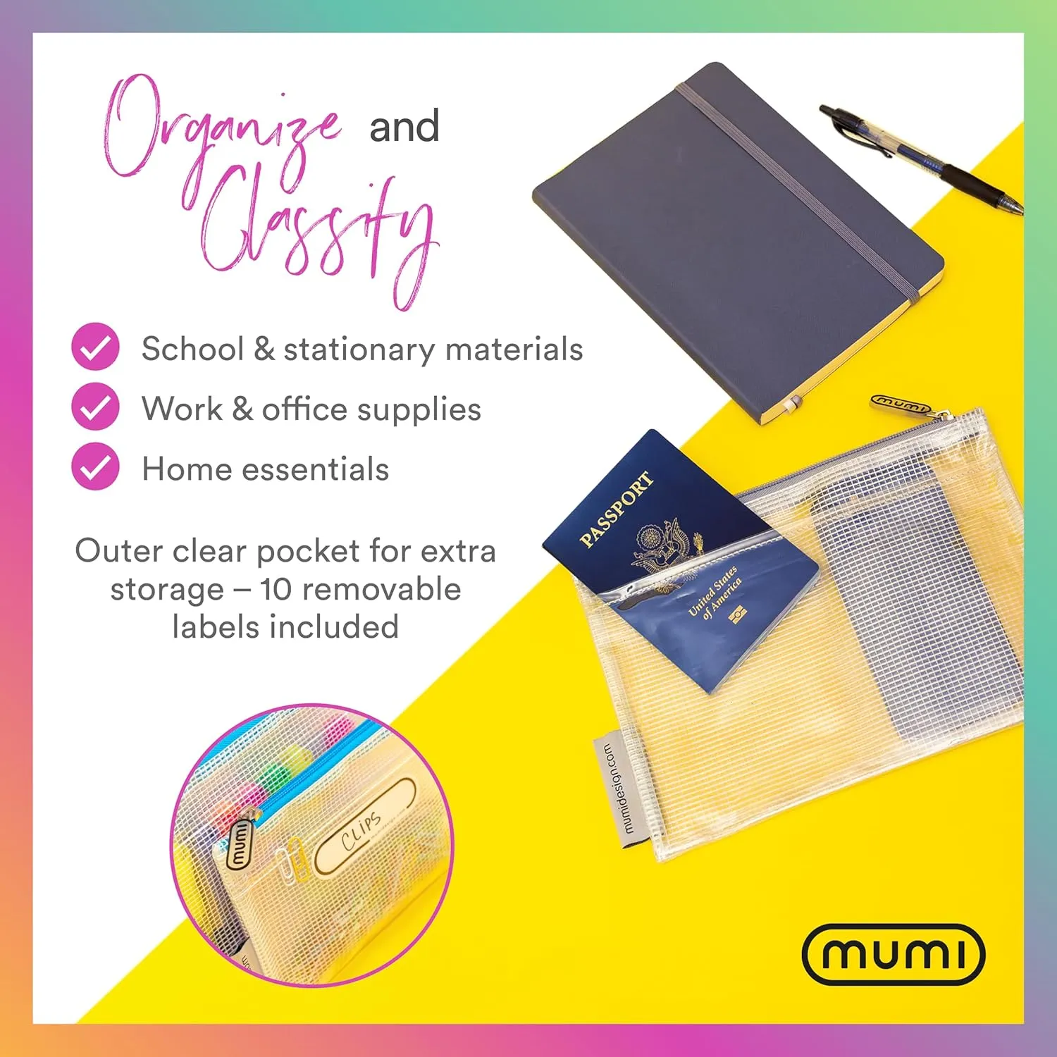 MUMI 5 Multi-Size Organizing Bags – Clear Zipper Pouches for Organizing, Storage & Travel with 10 Removable Labels – Reusable Waterproof Mesh Zipper Pouch Set, Plastic Zip Bags for Supplies (Grey)