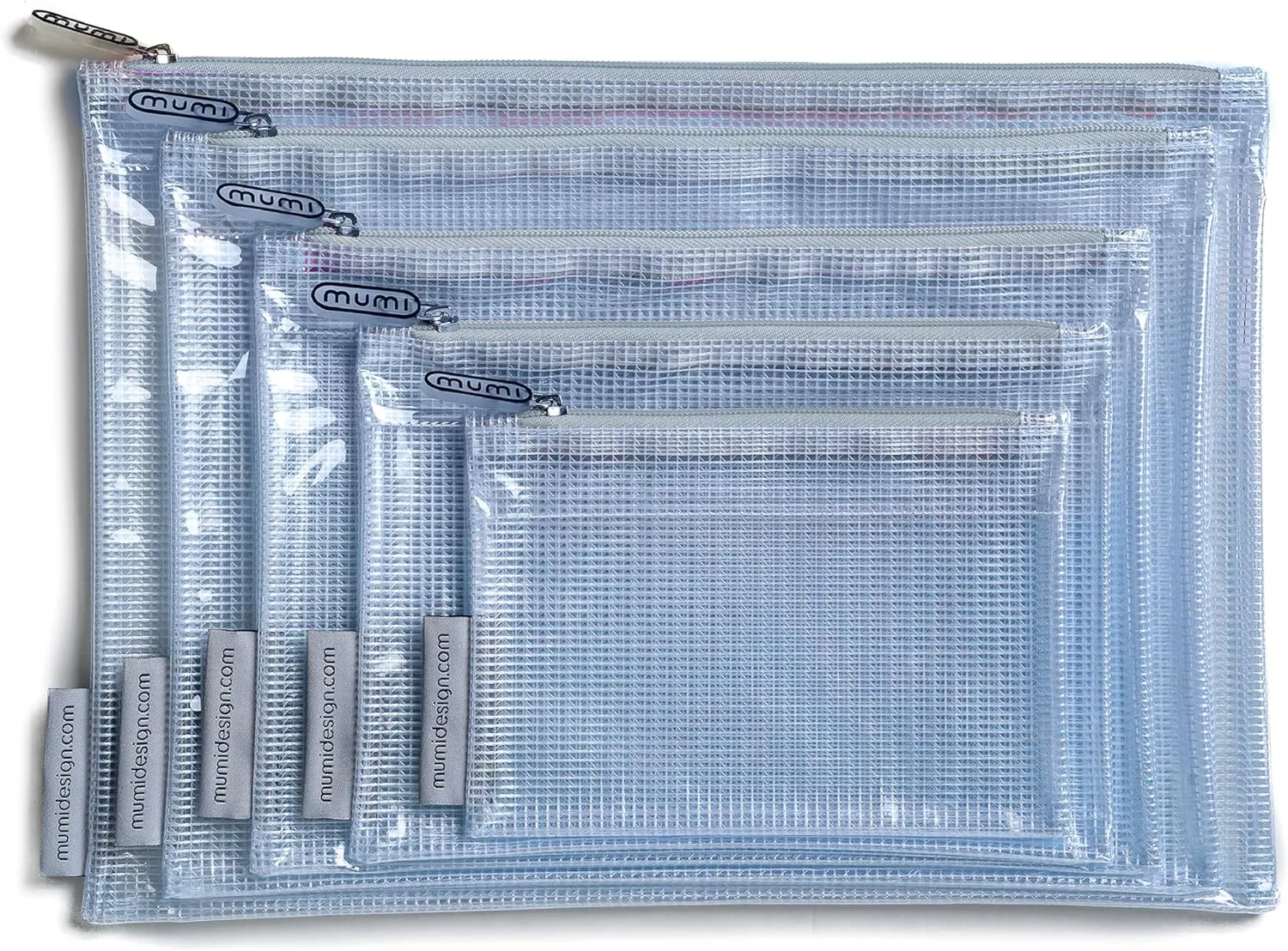 MUMI 5 Multi-Size Organizing Bags – Clear Zipper Pouches for Organizing, Storage & Travel with 10 Removable Labels – Reusable Waterproof Mesh Zipper Pouch Set, Plastic Zip Bags for Supplies (Grey)