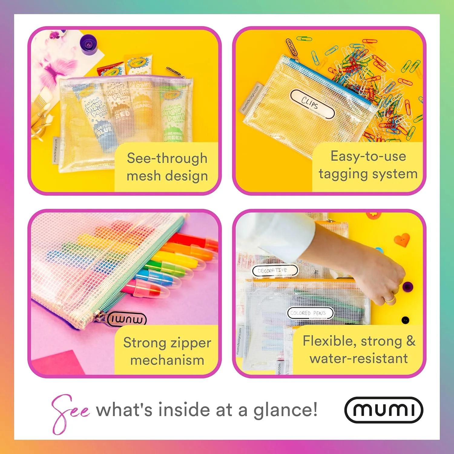 MUMI 5 Multi-Size Organizing Bags – Clear Zipper Pouches for Organizing, Storage & Travel with 10 Removable Labels – Reusable Waterproof Mesh Zipper Pouch Set, Plastic Zip Bags for Supplies (Grey)