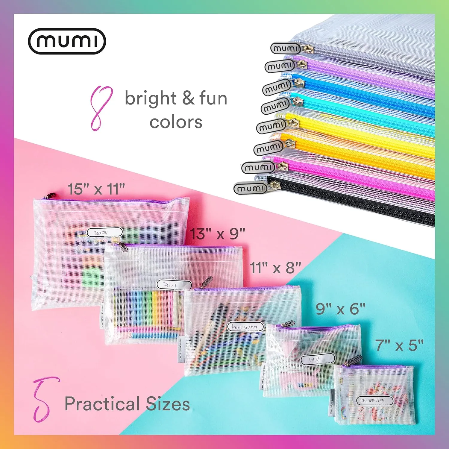 MUMI 5 Multi-Size Organizing Bags – Clear Zipper Pouches for Organizing, Storage & Travel with 10 Removable Labels – Reusable Waterproof Mesh Zipper Pouch Set, Plastic Zip Bags for Supplies (Grey)