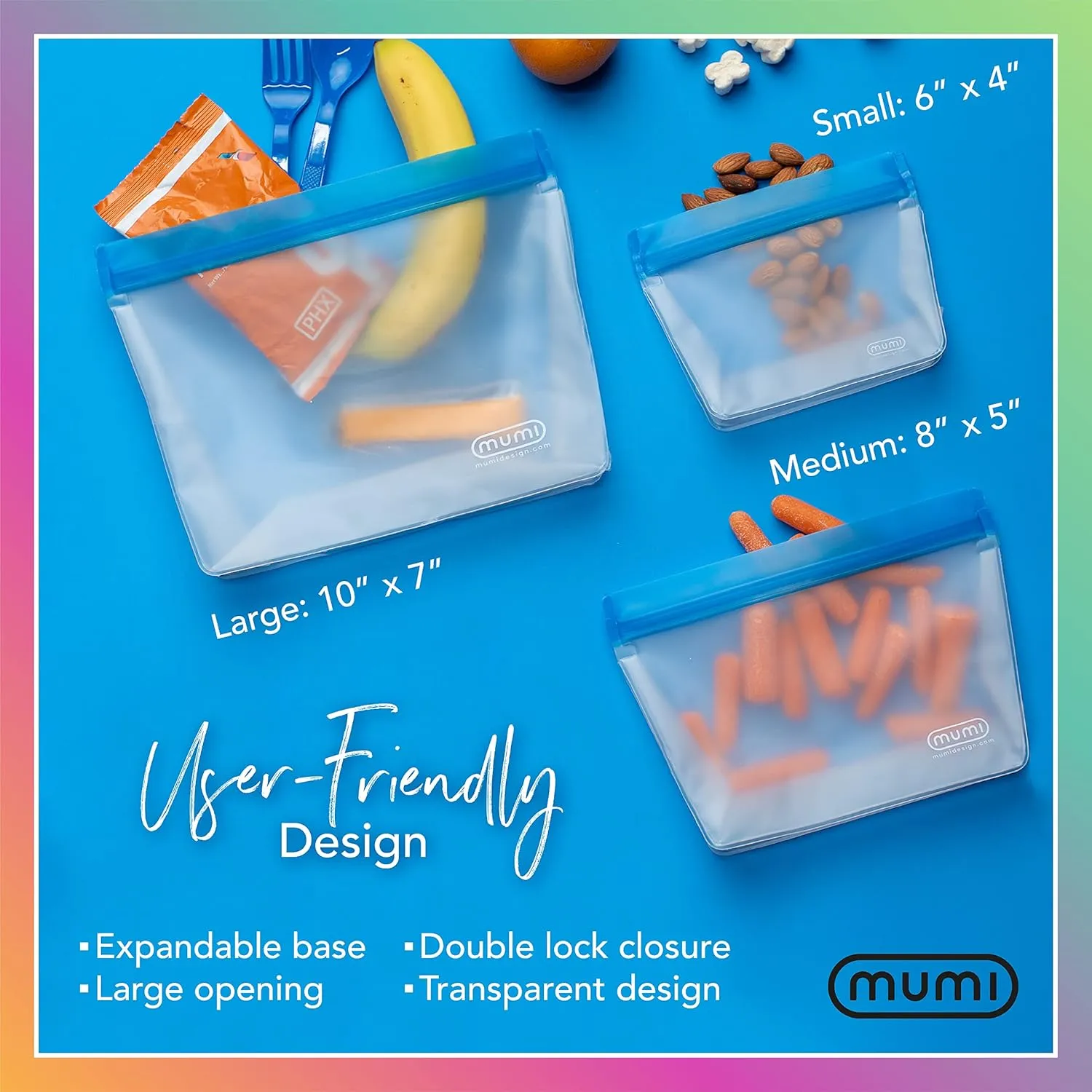 MUMI Piccolo Reusable Zip Up Bags – Set of 3 Silicone Ziplock Bag | Reusable Ziploc Bags for Food Storage, Freezer, & Snacks | BPA-Free Airtight Silicone Storage Bag for Travel & Meal Prep - Yellow
