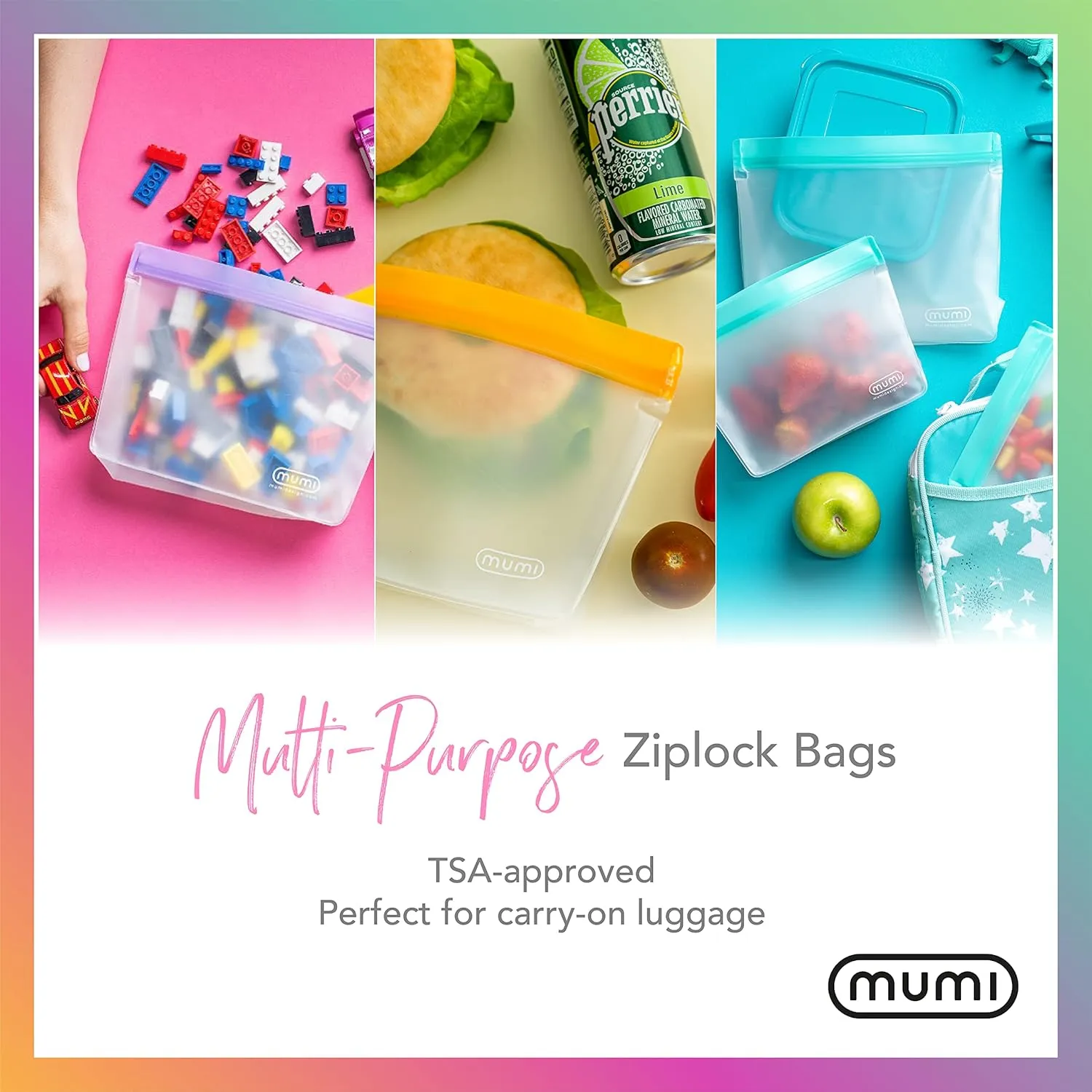 MUMI Piccolo Reusable Zip Up Bags – Set of 3 Silicone Ziplock Bag | Reusable Ziploc Bags for Food Storage, Freezer, & Snacks | BPA-Free Airtight Silicone Storage Bag for Travel & Meal Prep - Yellow