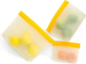 MUMI Piccolo Reusable Zip Up Bags – Set of 3 Silicone Ziplock Bag | Reusable Ziploc Bags for Food Storage, Freezer, & Snacks | BPA-Free Airtight Silicone Storage Bag for Travel & Meal Prep - Yellow