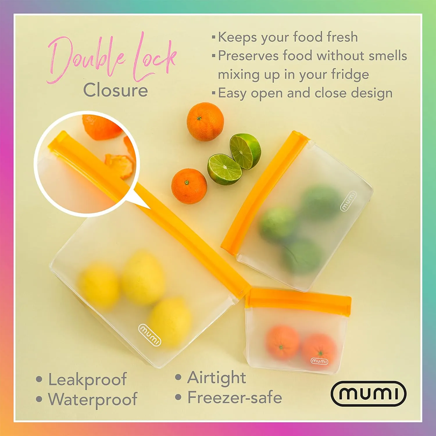 MUMI Piccolo Reusable Zip Up Bags – Set of 3 Silicone Ziplock Bag | Reusable Ziploc Bags for Food Storage, Freezer, & Snacks | BPA-Free Airtight Silicone Storage Bag for Travel & Meal Prep - Yellow