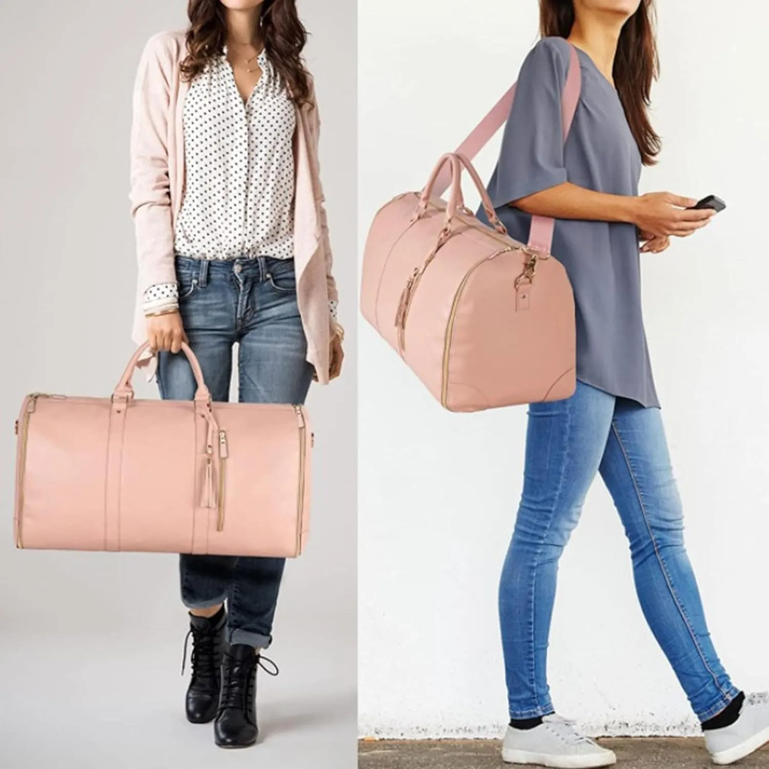 Myjennibag Travel Bag with Wheels, Myjennibag Foldable Travel Bag Carry On, 2 In 1 Convertible Large Pu Leather Waterproof Duffle Bag (Pink)
