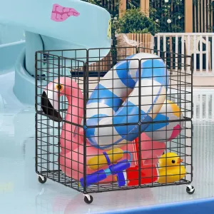 Nandae Pool Storage Bin with Rolling Wheels, Metal Frame Sturdy Connector, Pool Storage Mesh Basket Organizer for Swimming Equipments Swimming Toys Holder Pool Float Holders Beach Towels (Black)