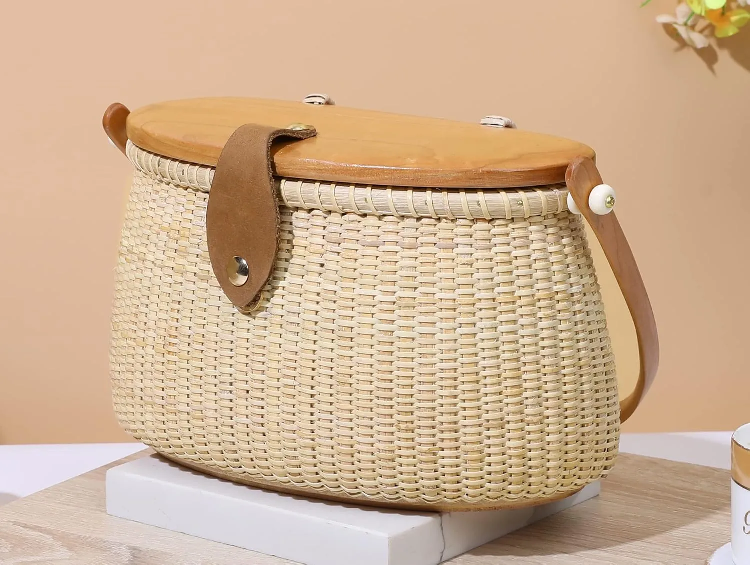Nantucket Basket Tall Crescent Purse Cane-on-cane weave Rattan Bag for Women Bag