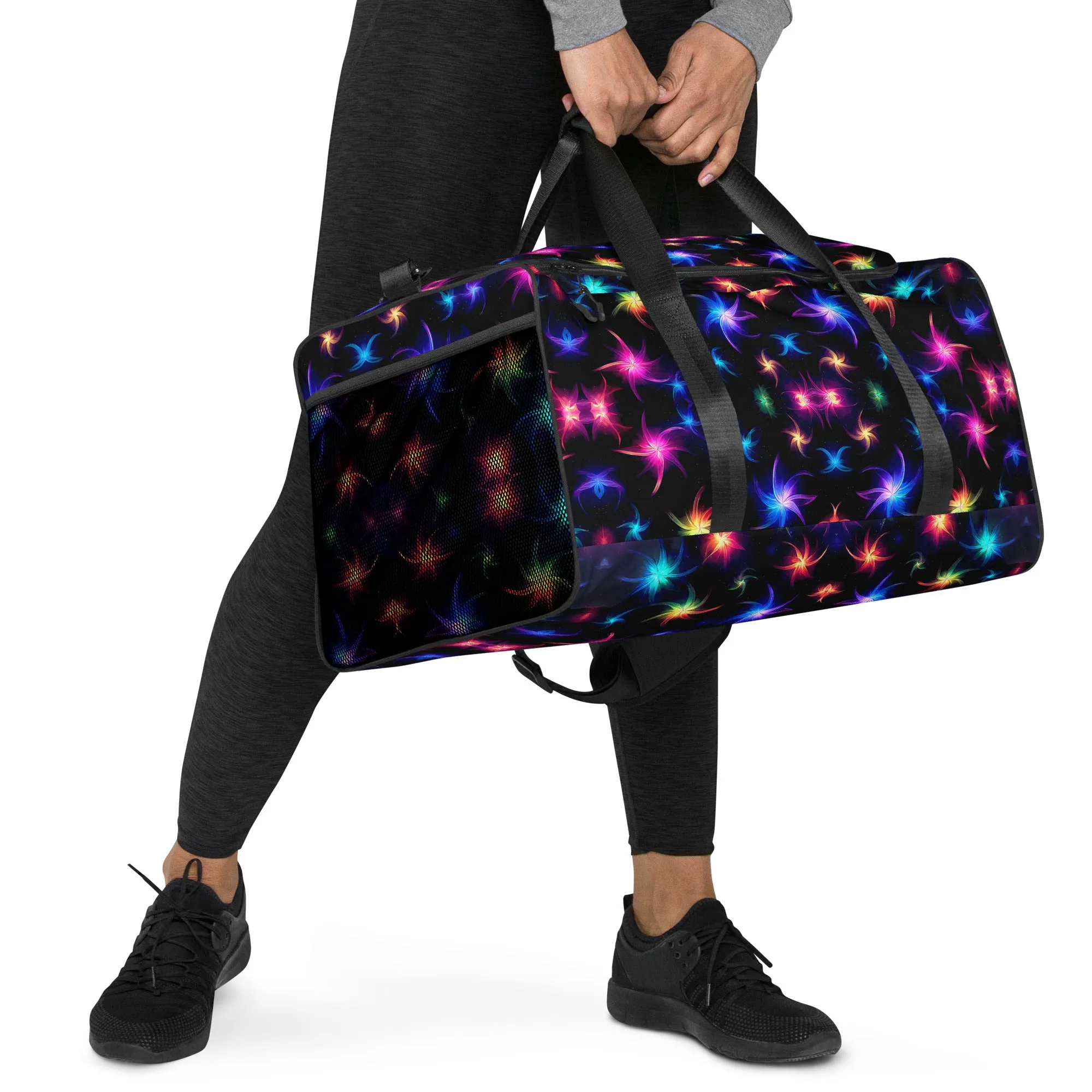 Neon Quantum Pinwheel Star Duffle Bag