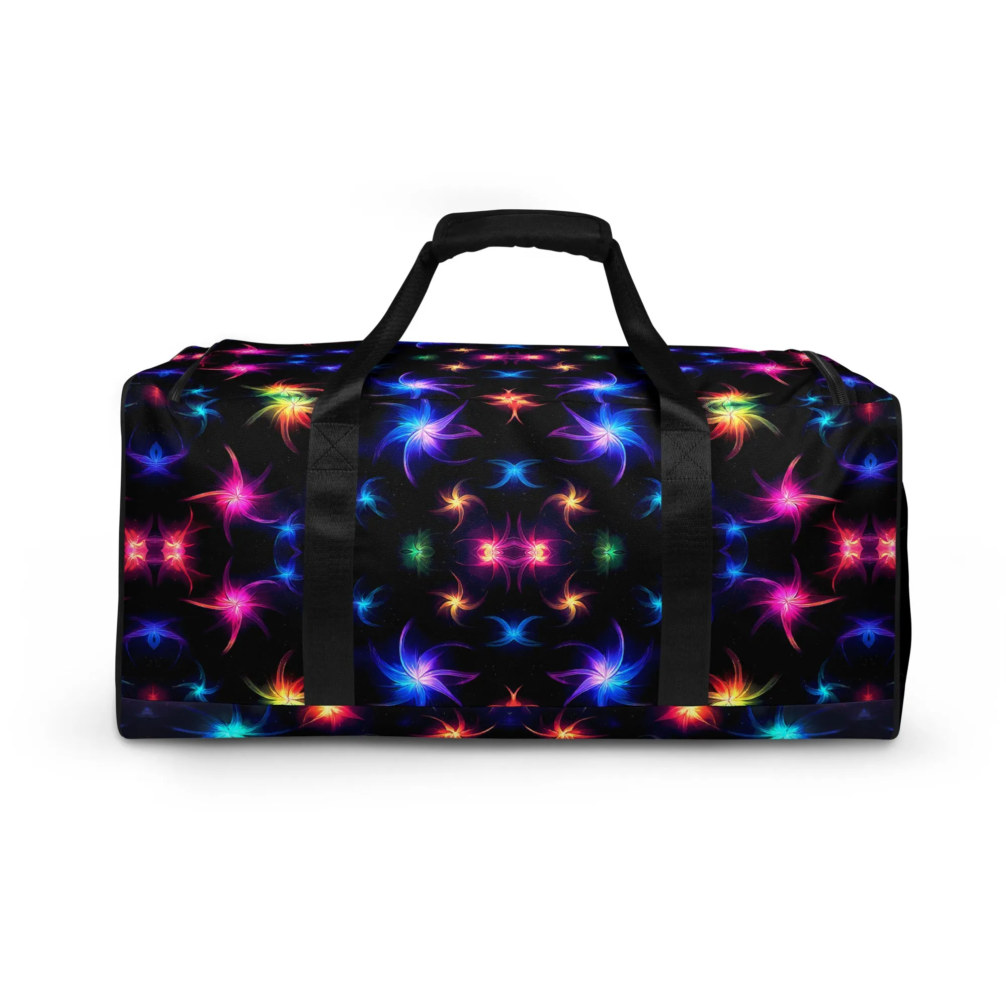 Neon Quantum Pinwheel Star Duffle Bag