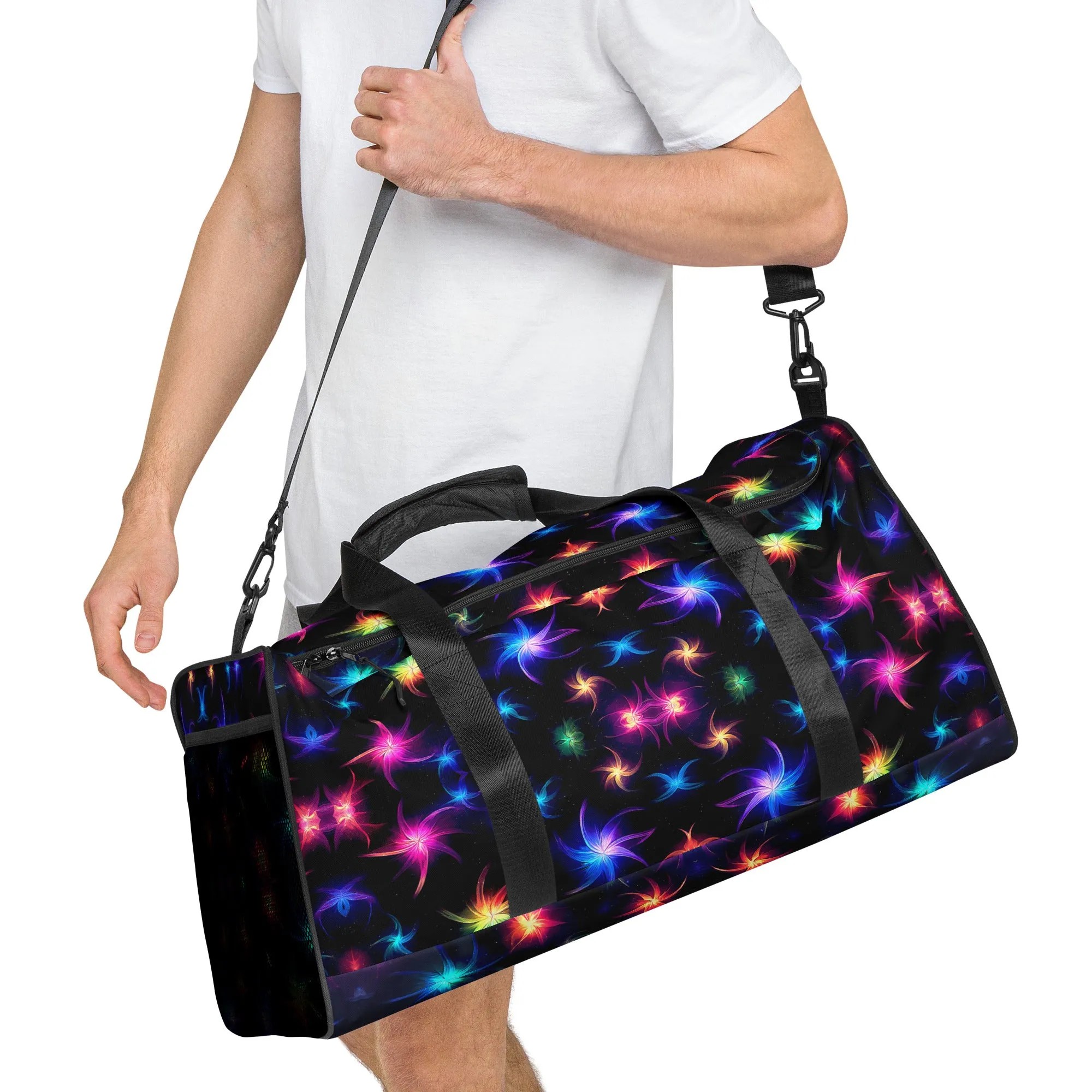 Neon Quantum Pinwheel Star Duffle Bag