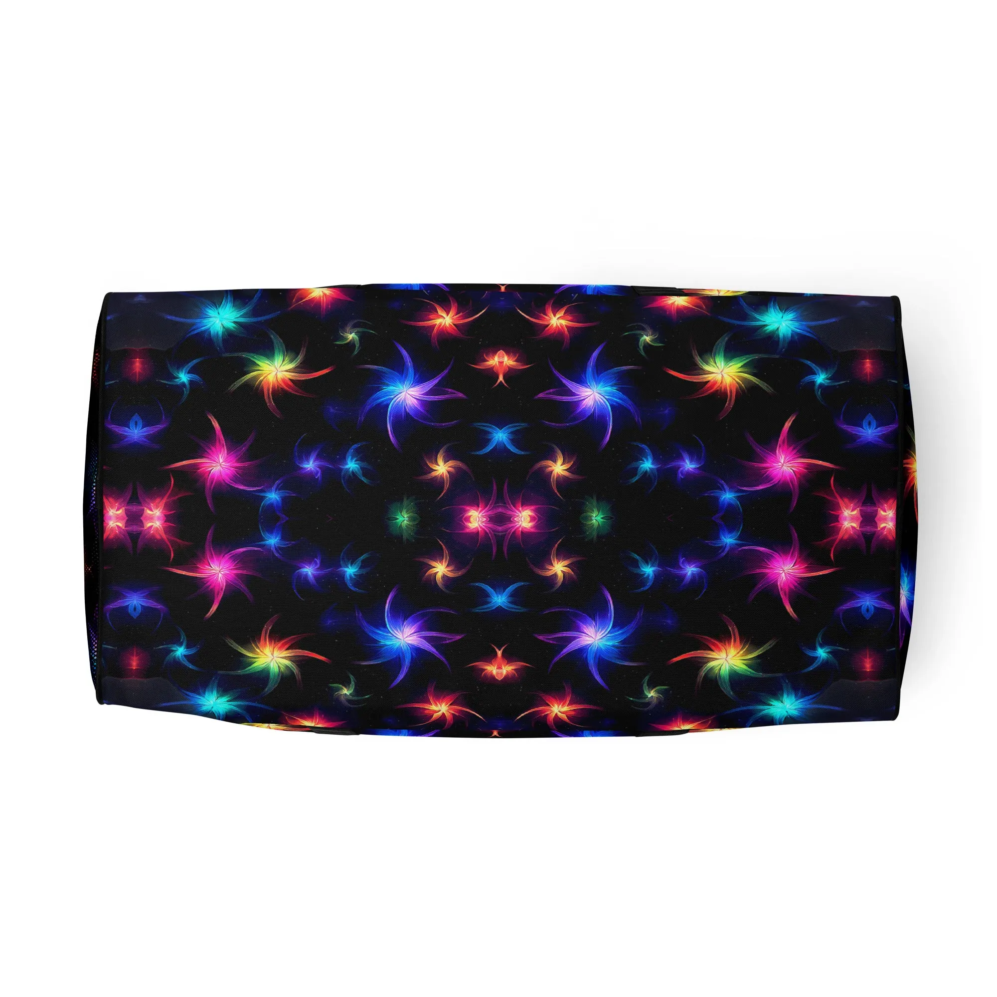 Neon Quantum Pinwheel Star Duffle Bag