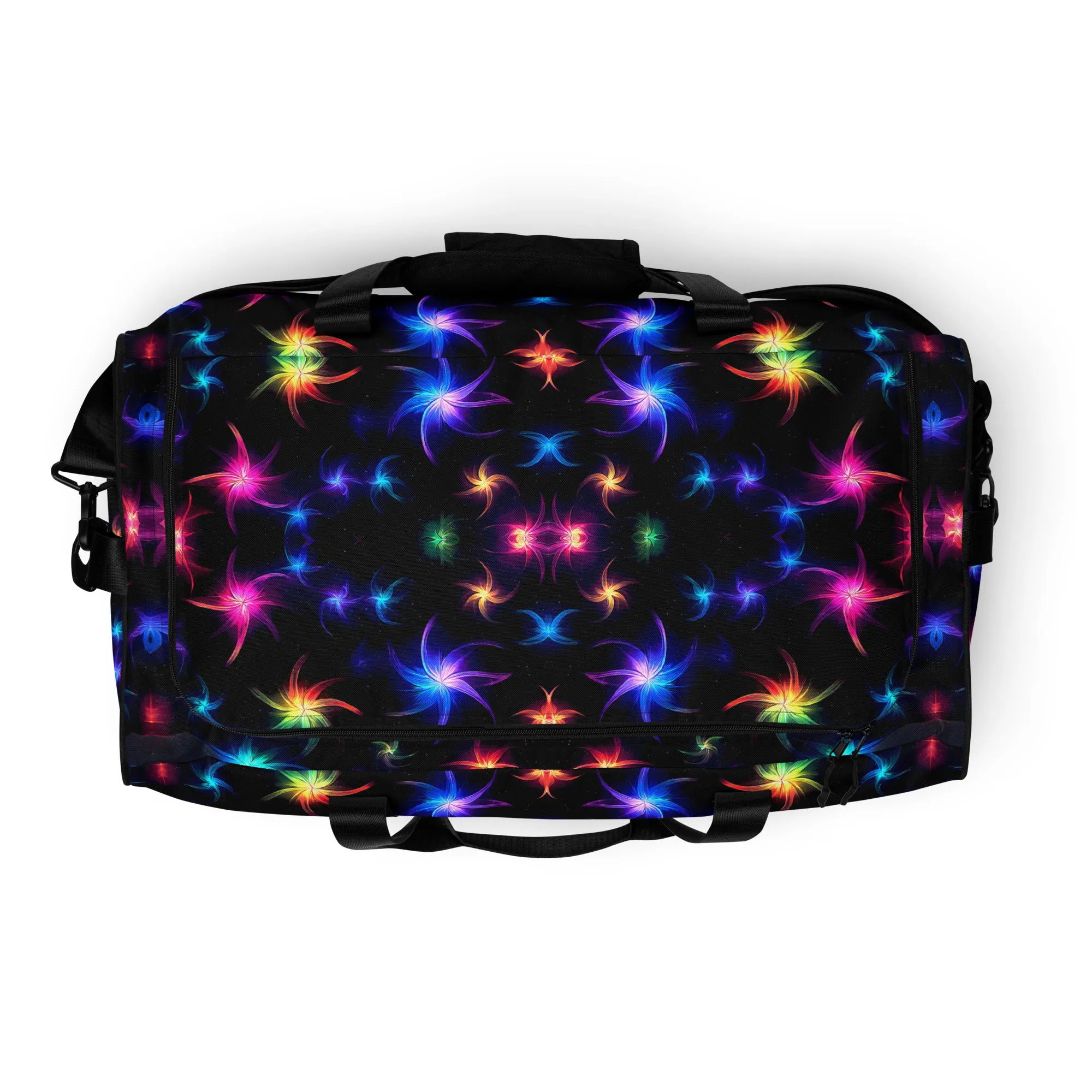 Neon Quantum Pinwheel Star Duffle Bag