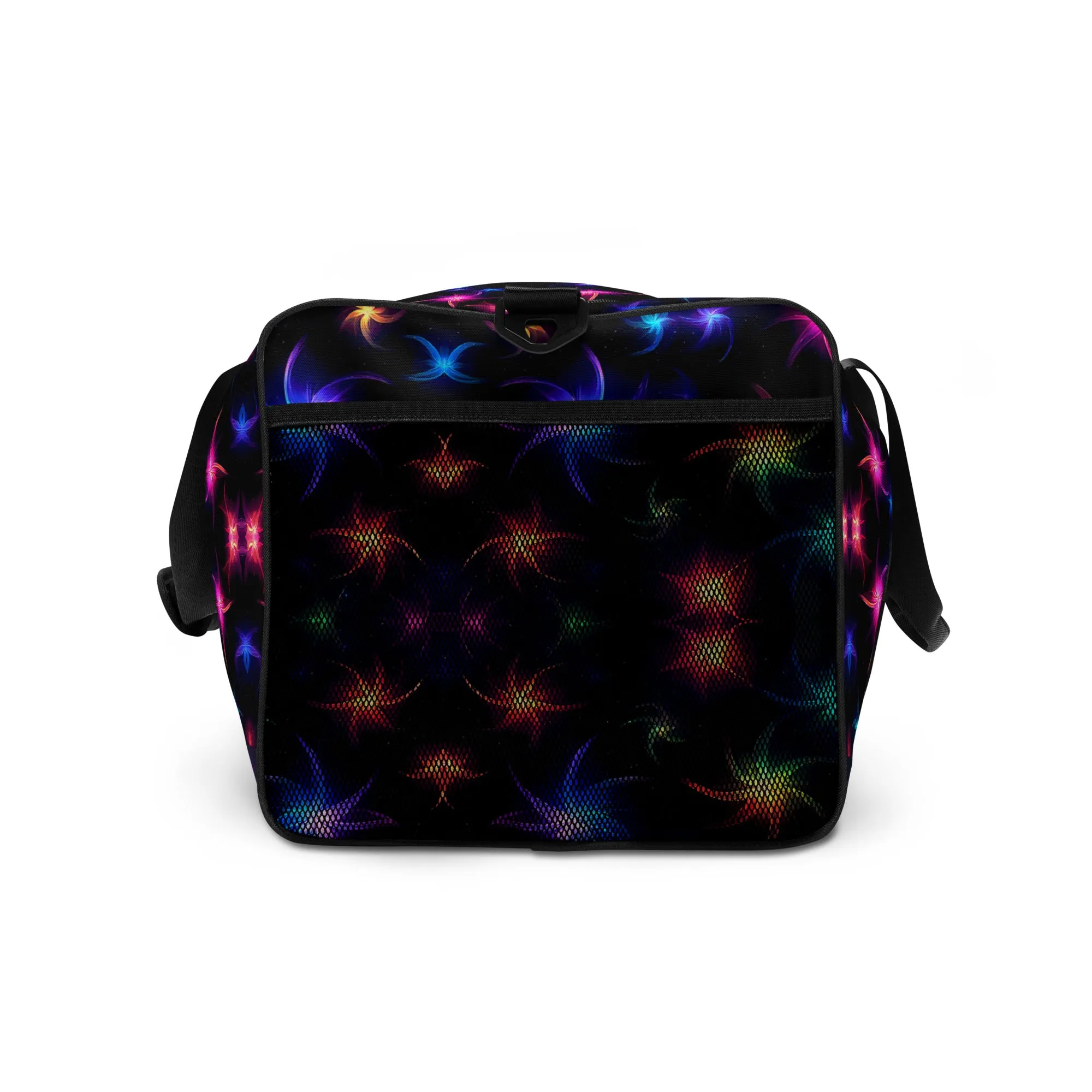 Neon Quantum Pinwheel Star Duffle Bag