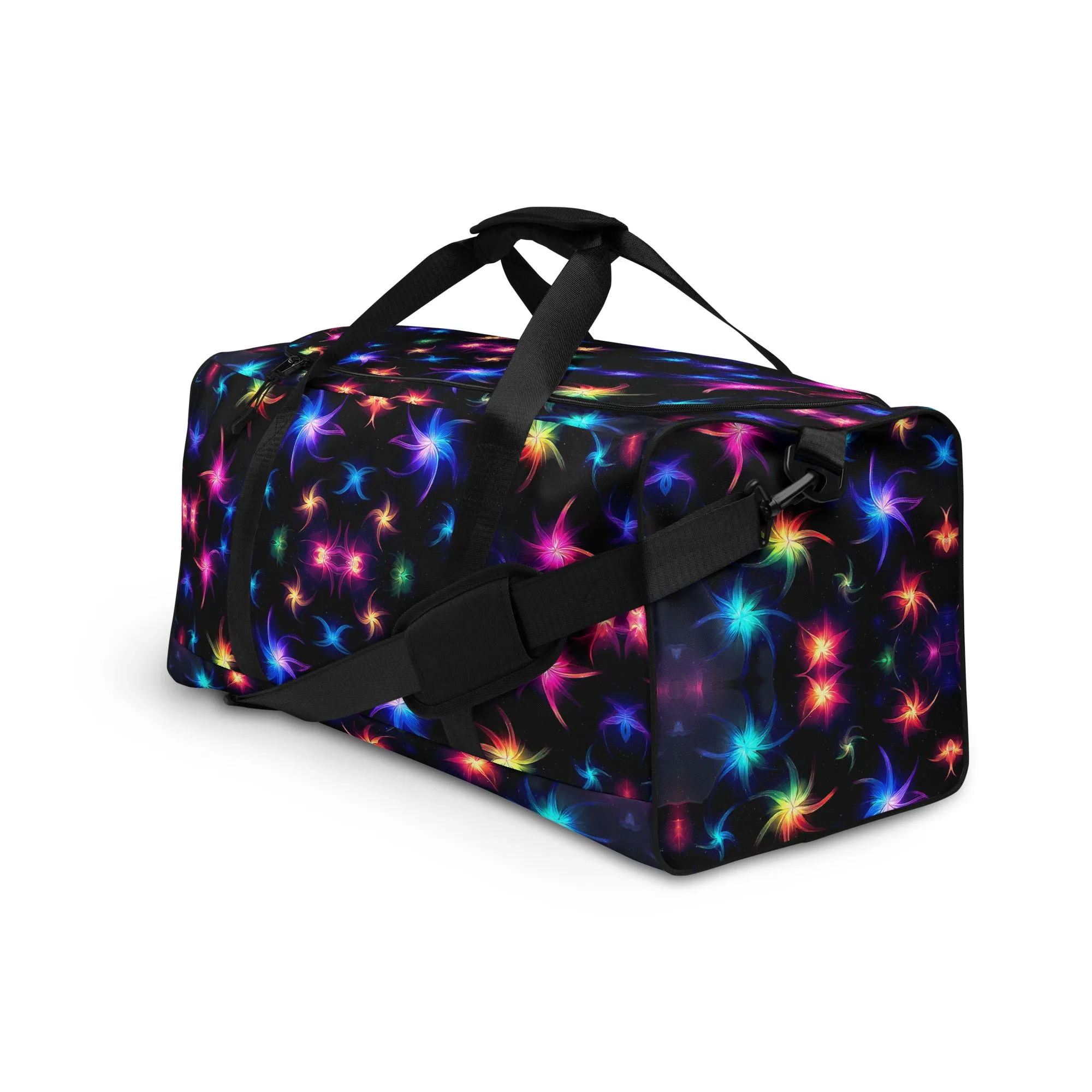 Neon Quantum Pinwheel Star Duffle Bag