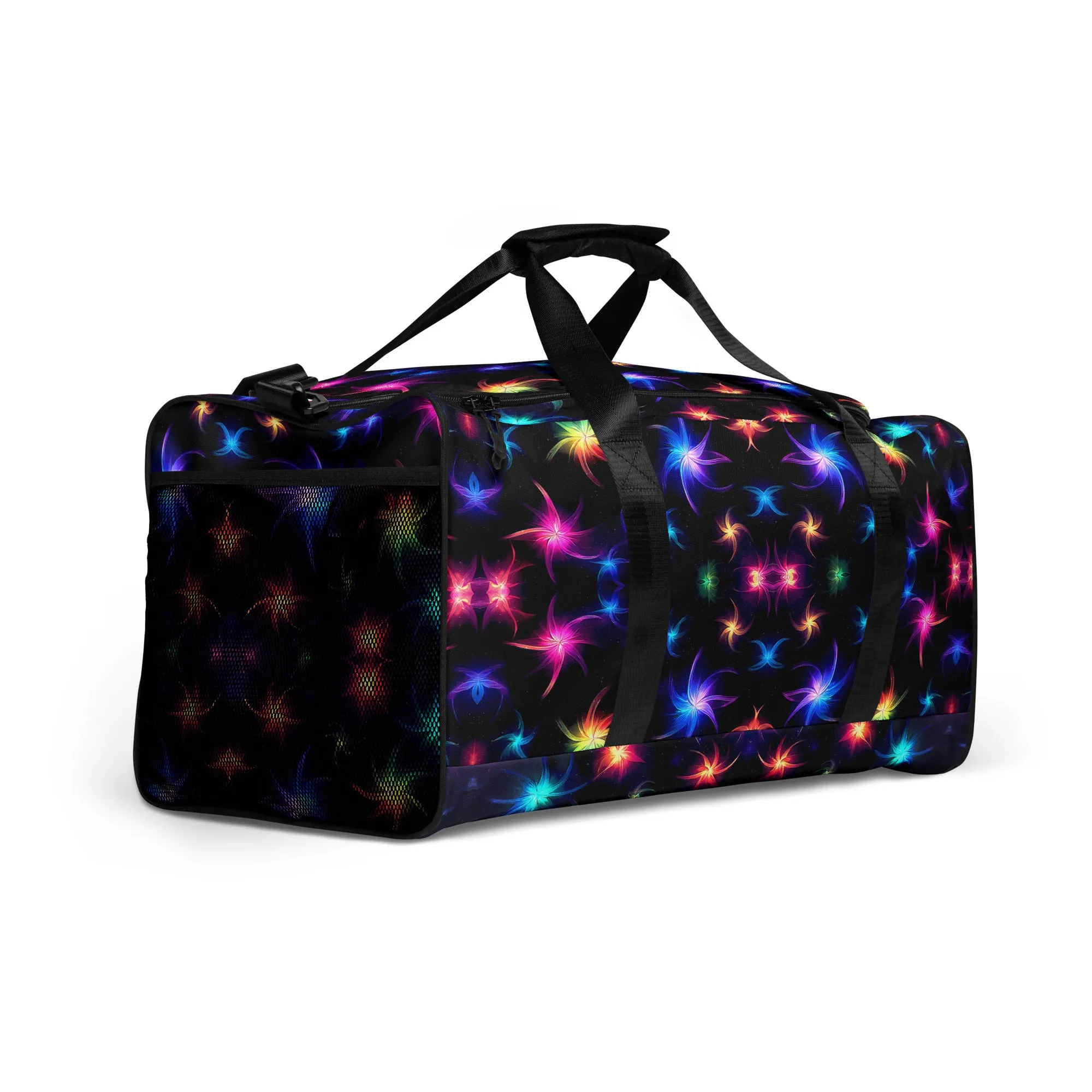Neon Quantum Pinwheel Star Duffle Bag