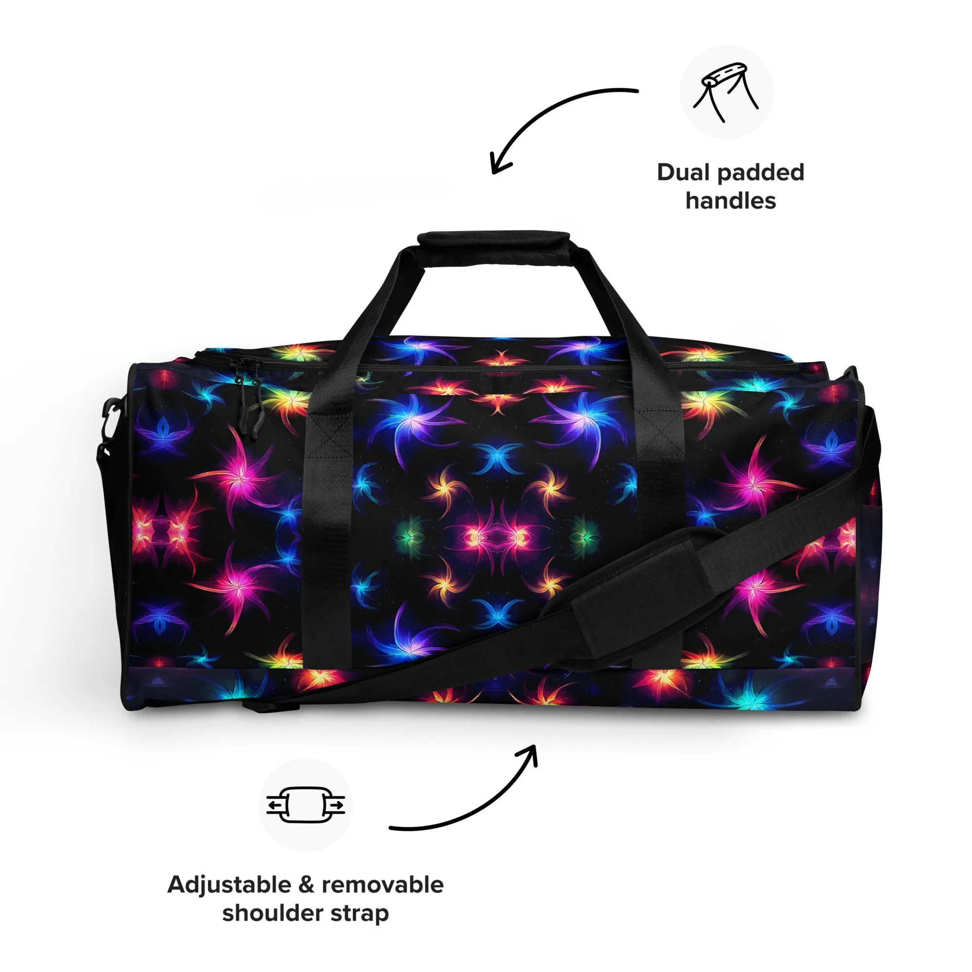 Neon Quantum Pinwheel Star Duffle Bag