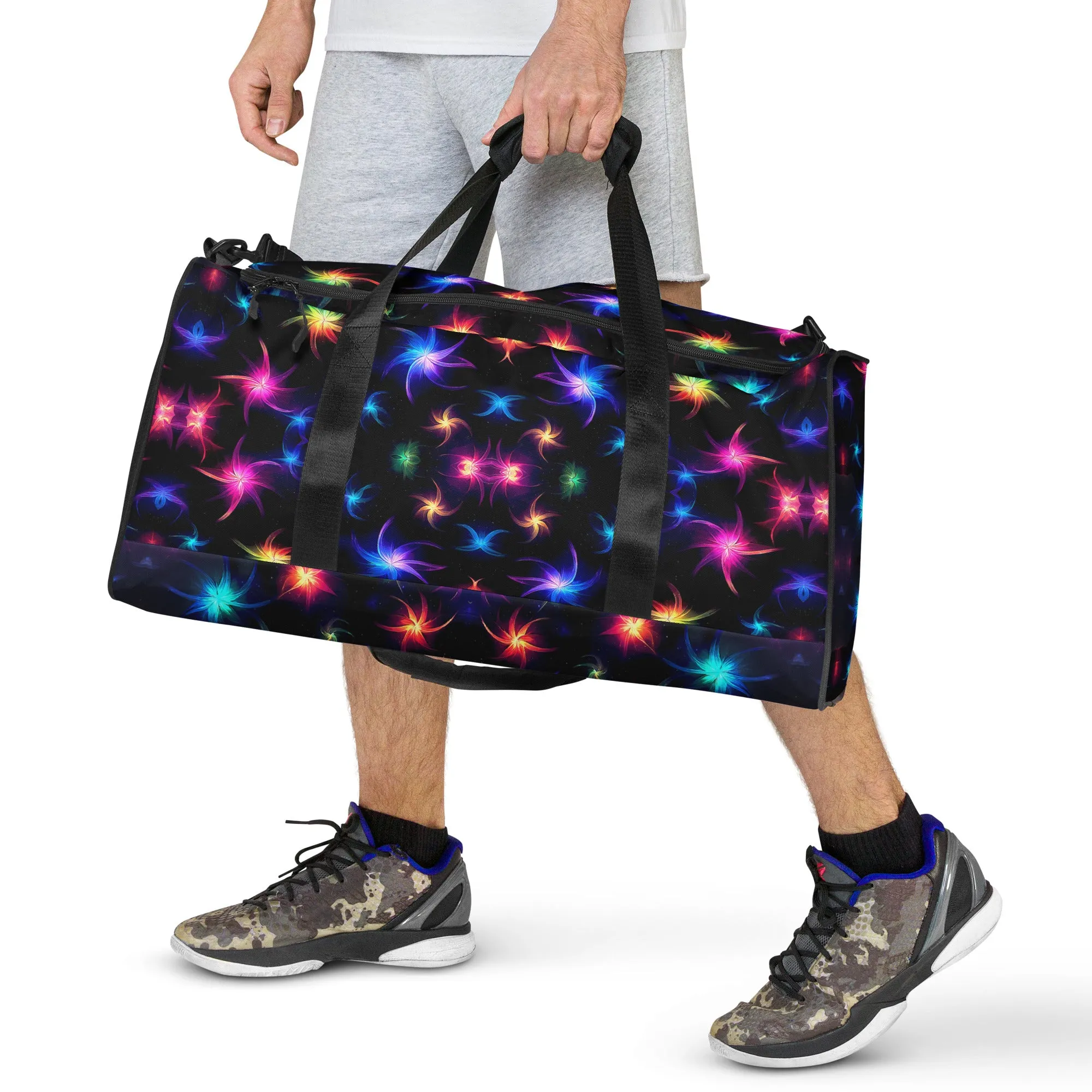 Neon Quantum Pinwheel Star Duffle Bag