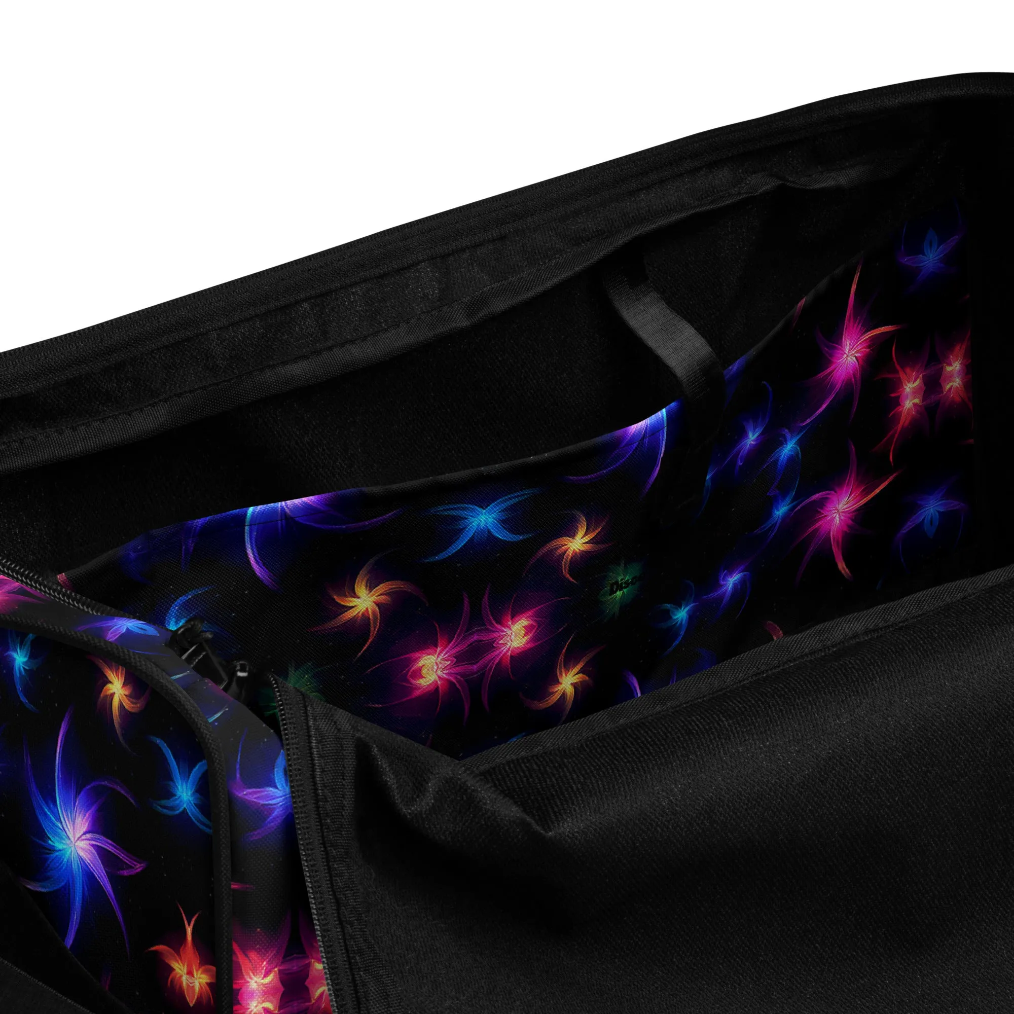 Neon Quantum Pinwheel Star Duffle Bag