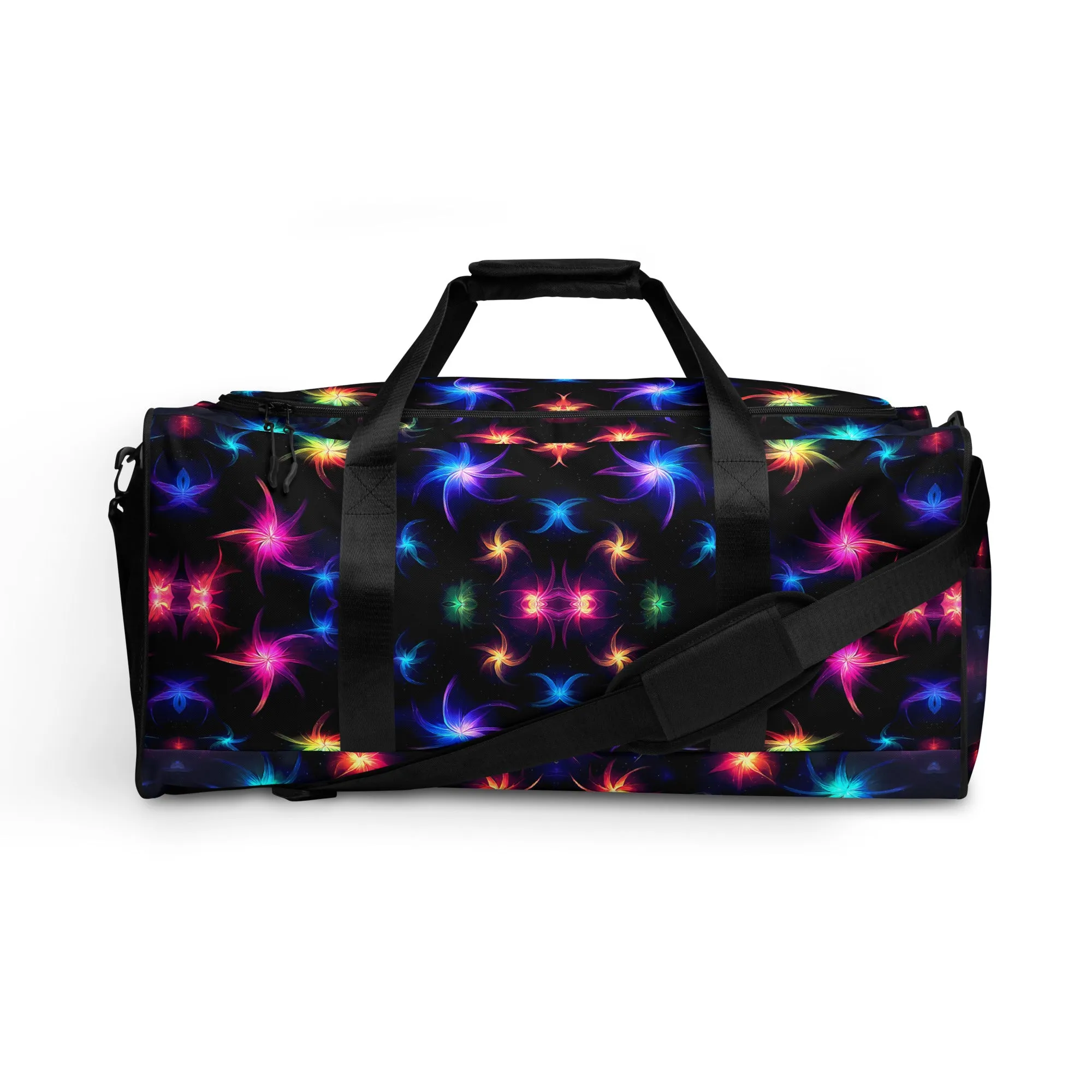 Neon Quantum Pinwheel Star Duffle Bag