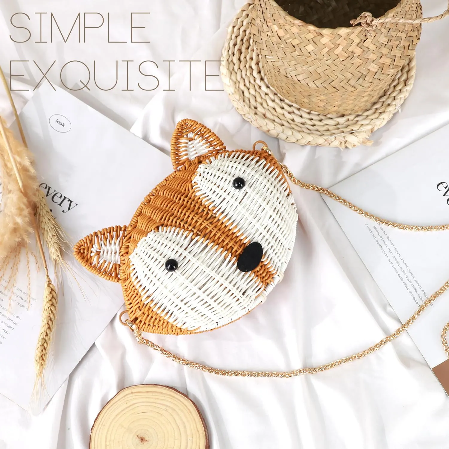 New Kawaii Rattan Purse for Women, Handmade Animal Shaped Shoulder Bag, Cute Novelty Messenger Purse, Funky Eco-Friendly