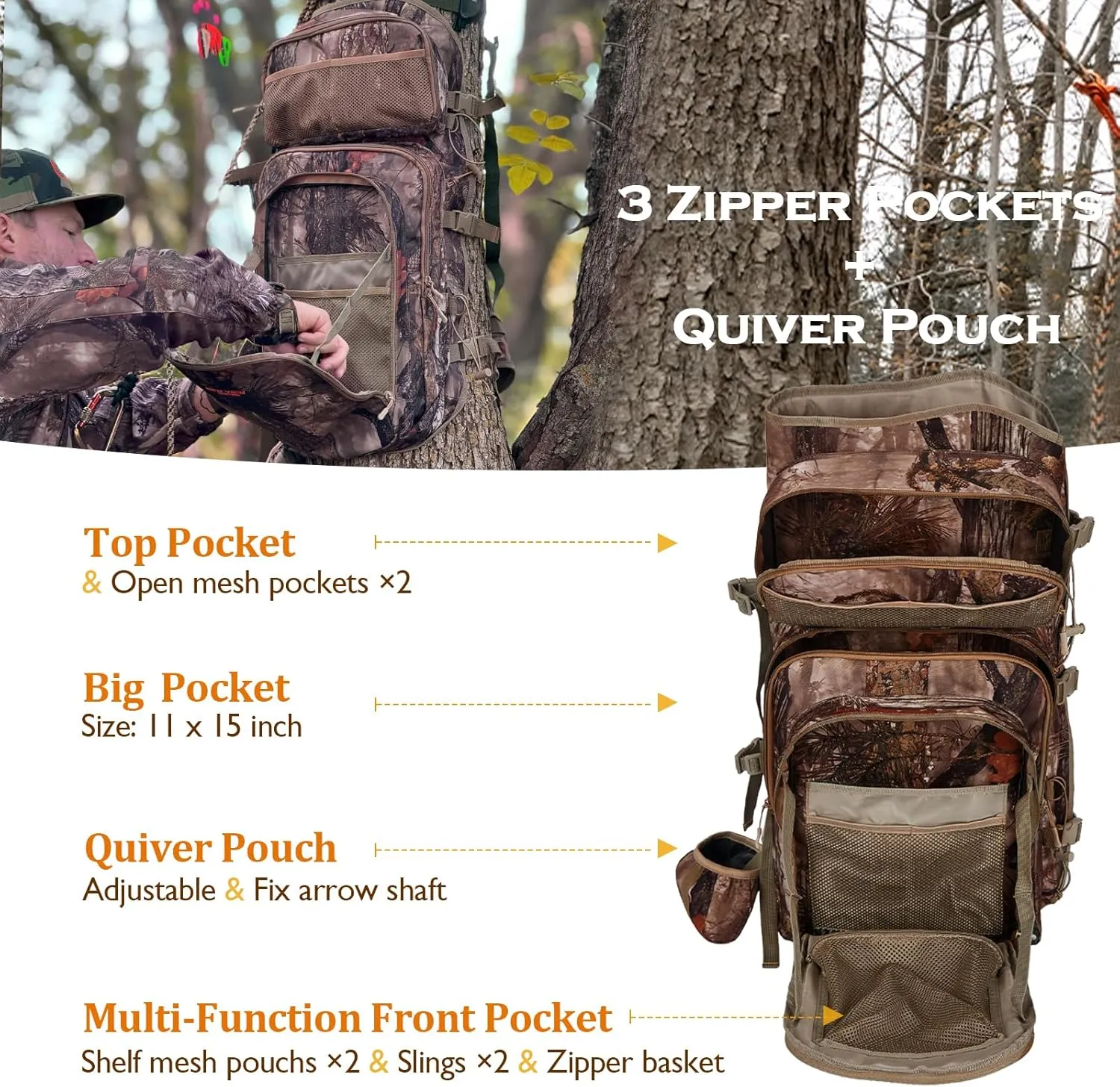 NEW VIEW Camo Bow Hunting Backpack for Men - Saddle Back Pack with Bow Holder, Elk and Deer Hunting Bag Large & Lightweight - Archery Accessories for Compound Bow Storage