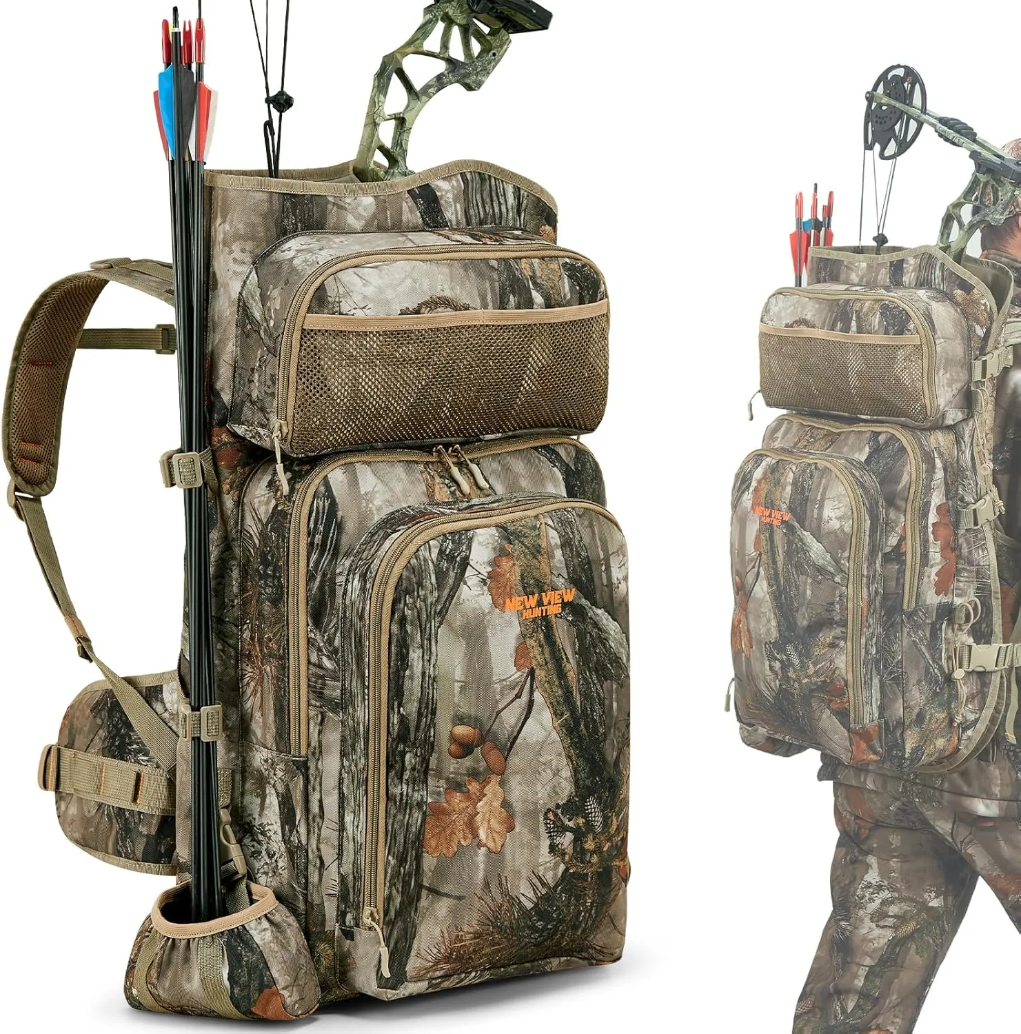 NEW VIEW Camo Bow Hunting Backpack for Men - Saddle Back Pack with Bow Holder, Elk and Deer Hunting Bag Large & Lightweight - Archery Accessories for Compound Bow Storage