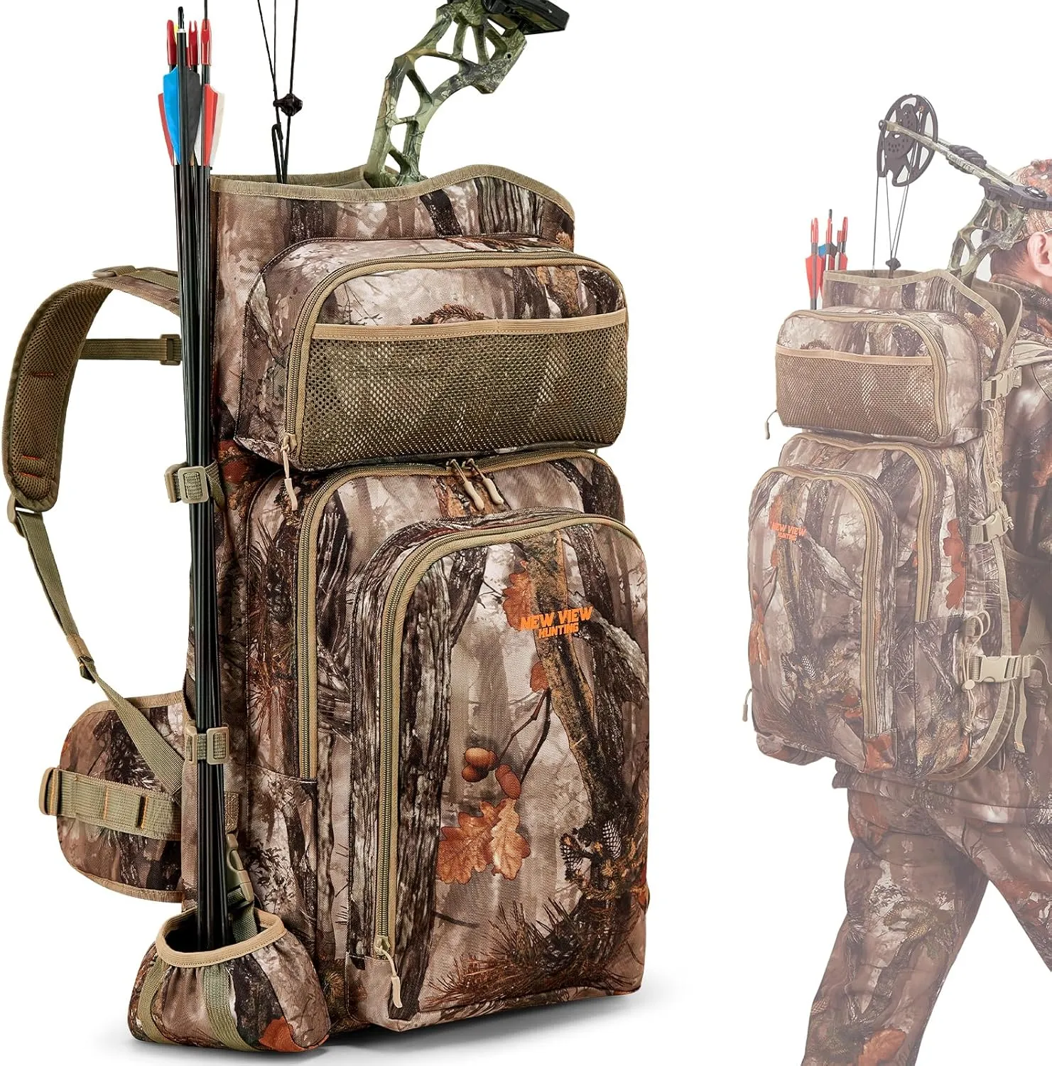 NEW VIEW Camo Bow Hunting Backpack for Men - Saddle Back Pack with Bow Holder, Elk and Deer Hunting Bag Large & Lightweight - Archery Accessories for Compound Bow Storage