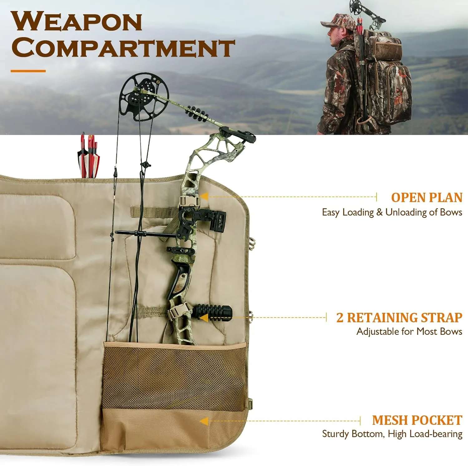 NEW VIEW Camo Bow Hunting Backpack for Men - Saddle Back Pack with Bow Holder, Elk and Deer Hunting Bag Large & Lightweight - Archery Accessories for Compound Bow Storage