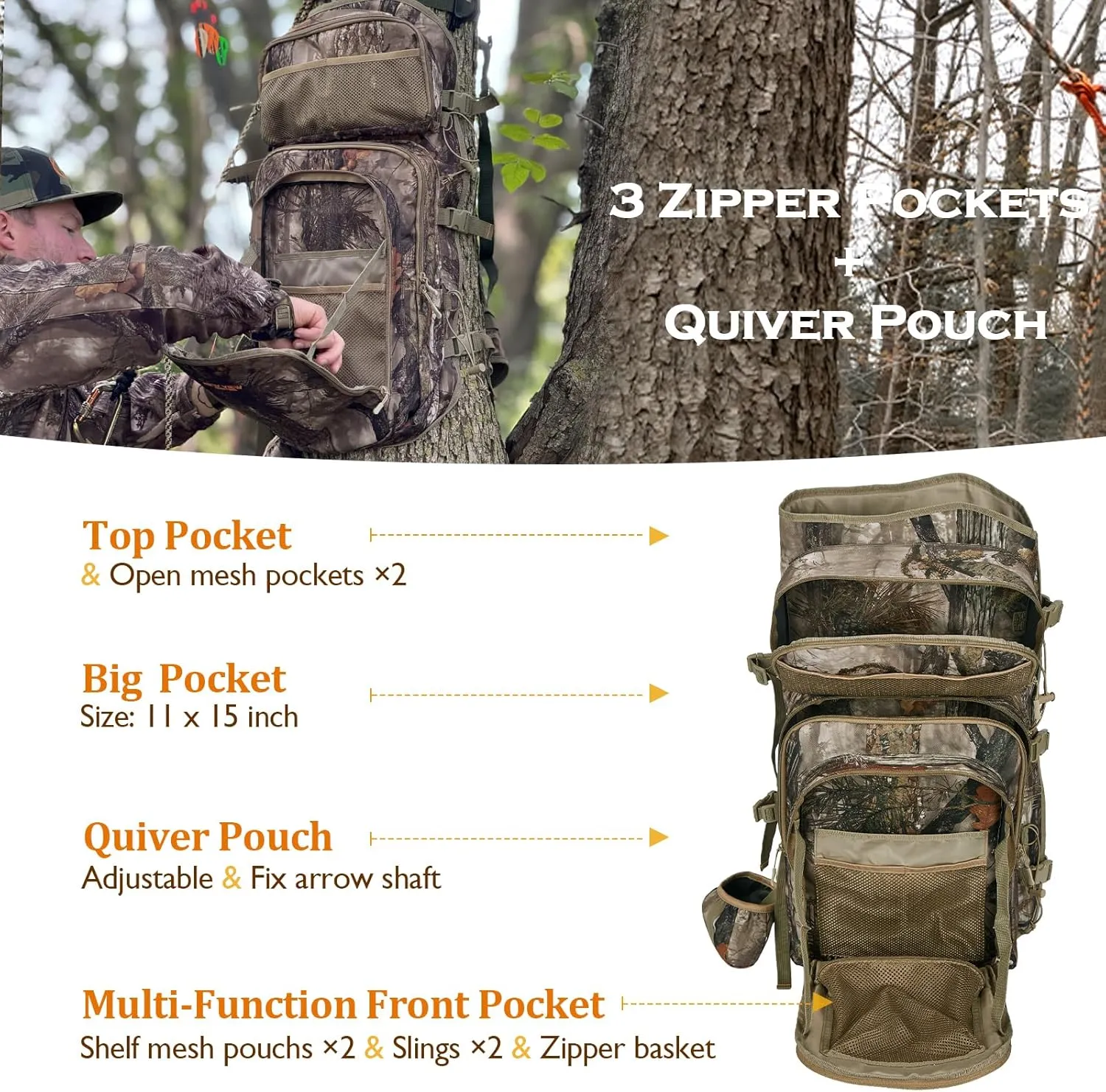 NEW VIEW Camo Bow Hunting Backpack for Men - Saddle Back Pack with Bow Holder, Elk and Deer Hunting Bag Large & Lightweight - Archery Accessories for Compound Bow Storage