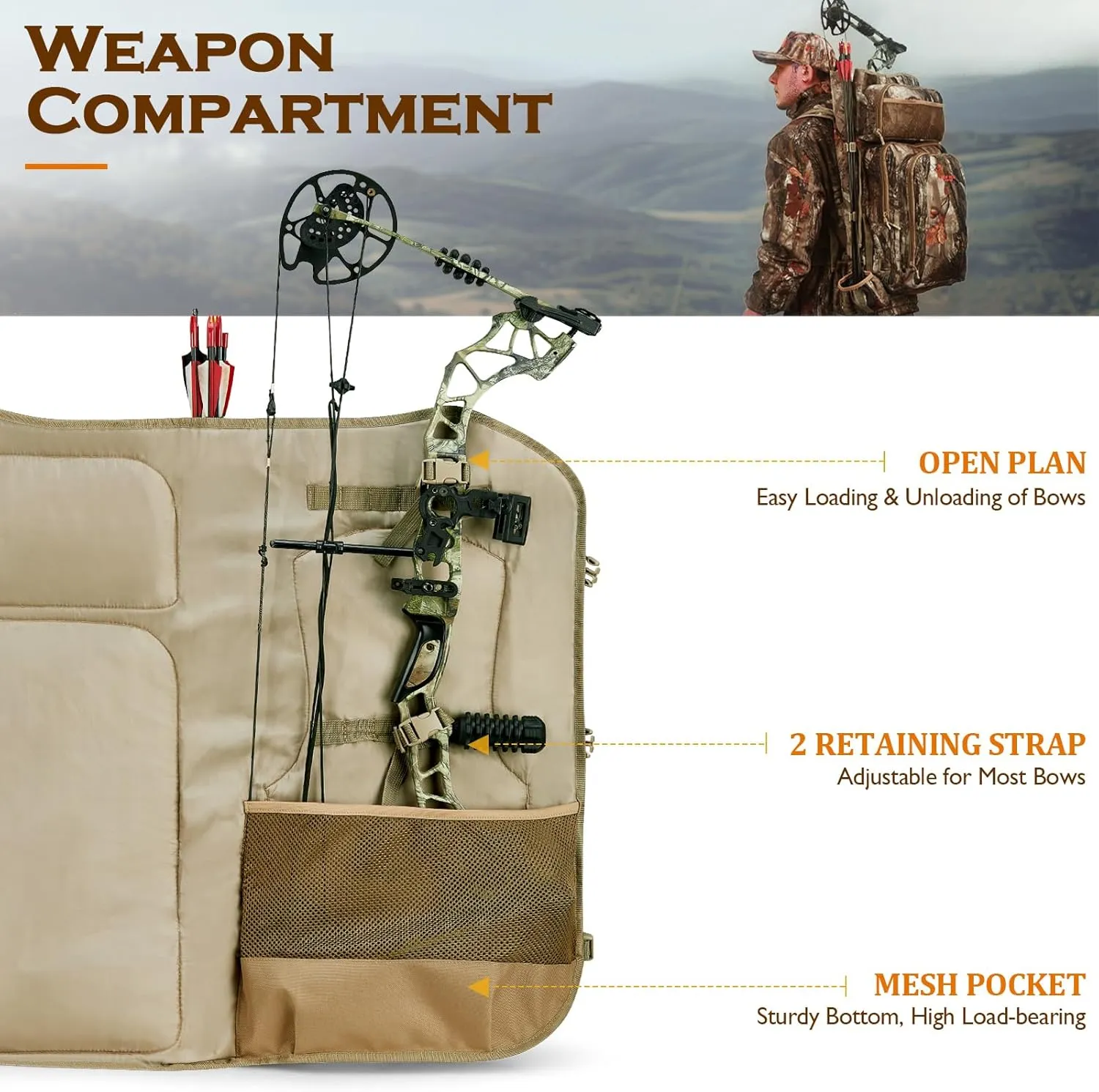 NEW VIEW Camo Bow Hunting Backpack for Men - Saddle Back Pack with Bow Holder, Elk and Deer Hunting Bag Large & Lightweight - Archery Accessories for Compound Bow Storage
