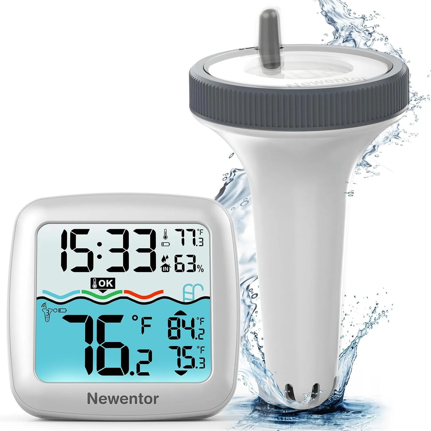 Newentor Pool Thermometer Floating Easy Read, IPX8 Wireless Swimming Pool Thermometers with Indoor Thermometers, Floating Thermometer for Spa/Hot Tub/Fish Tank, Ivory White
