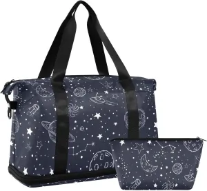 Night Sky Stars Sketch Moon Sports Duffel Bags Expandable Weekend Travel Bag for Women with Trolley Sleeve