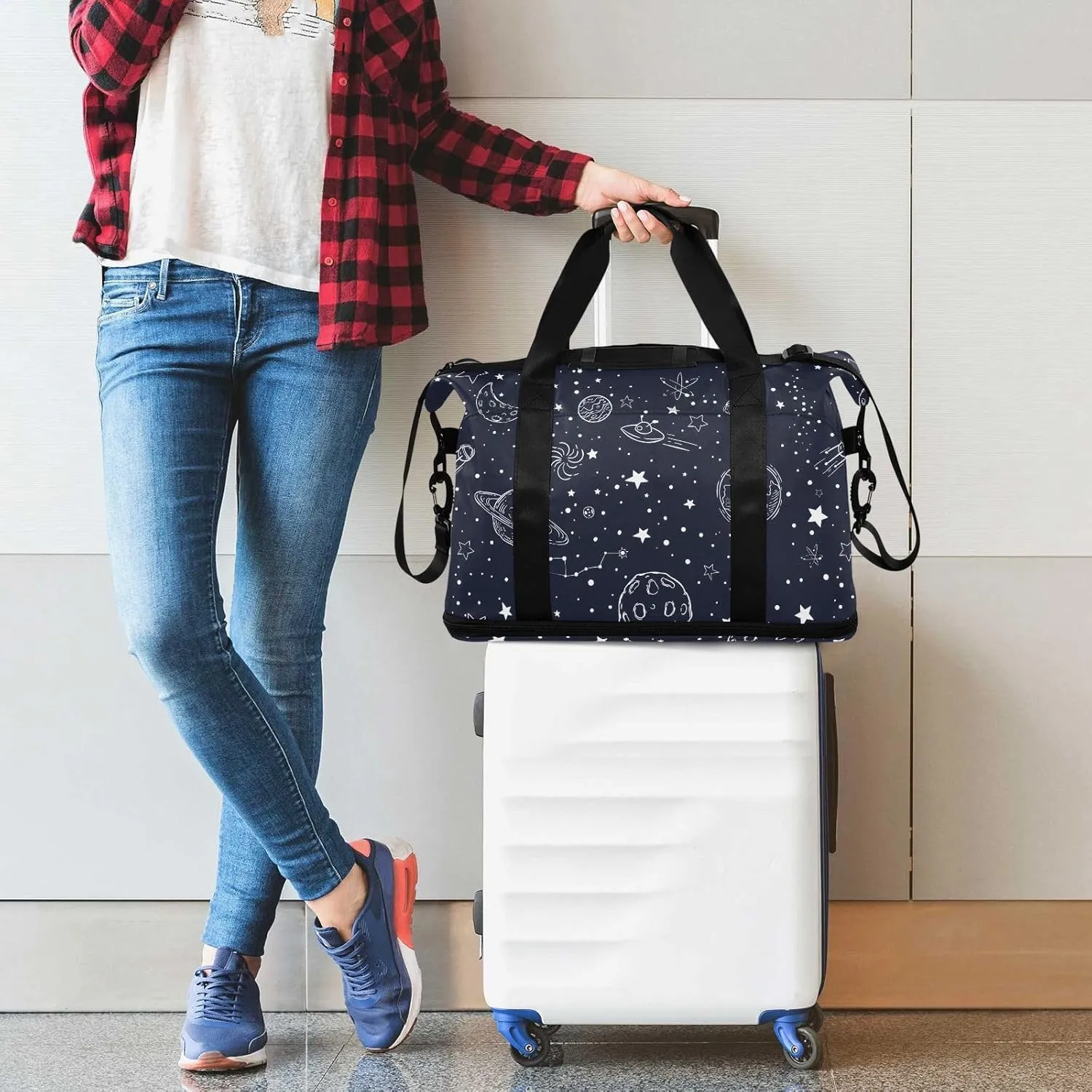 Night Sky Stars Sketch Moon Sports Duffel Bags Expandable Weekend Travel Bag for Women with Trolley Sleeve