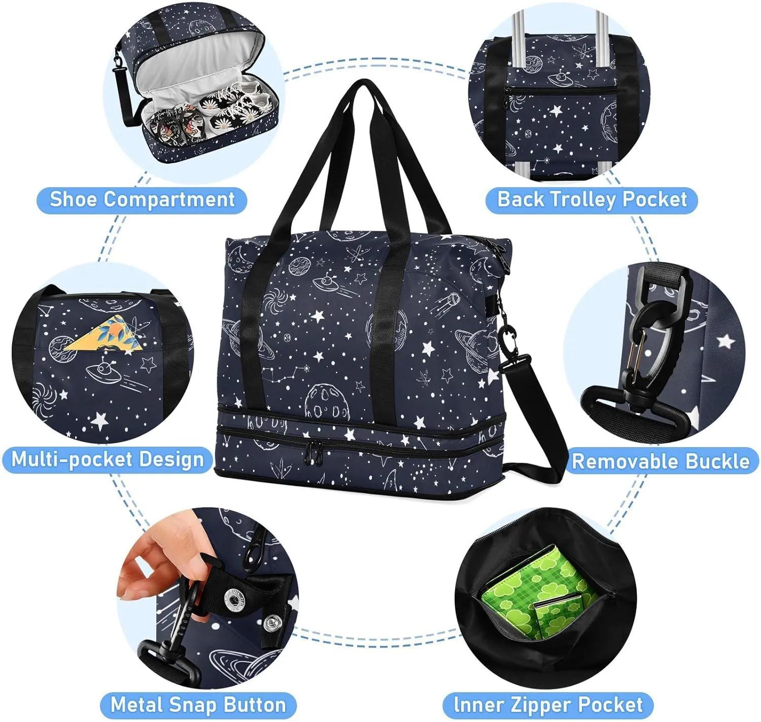 Night Sky Stars Sketch Moon Sports Duffel Bags Expandable Weekend Travel Bag for Women with Trolley Sleeve