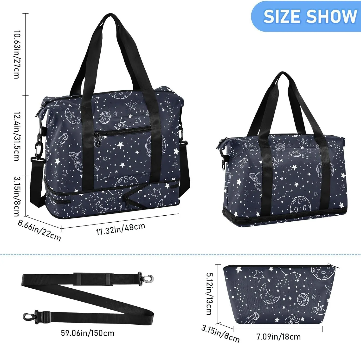 Night Sky Stars Sketch Moon Sports Duffel Bags Expandable Weekend Travel Bag for Women with Trolley Sleeve