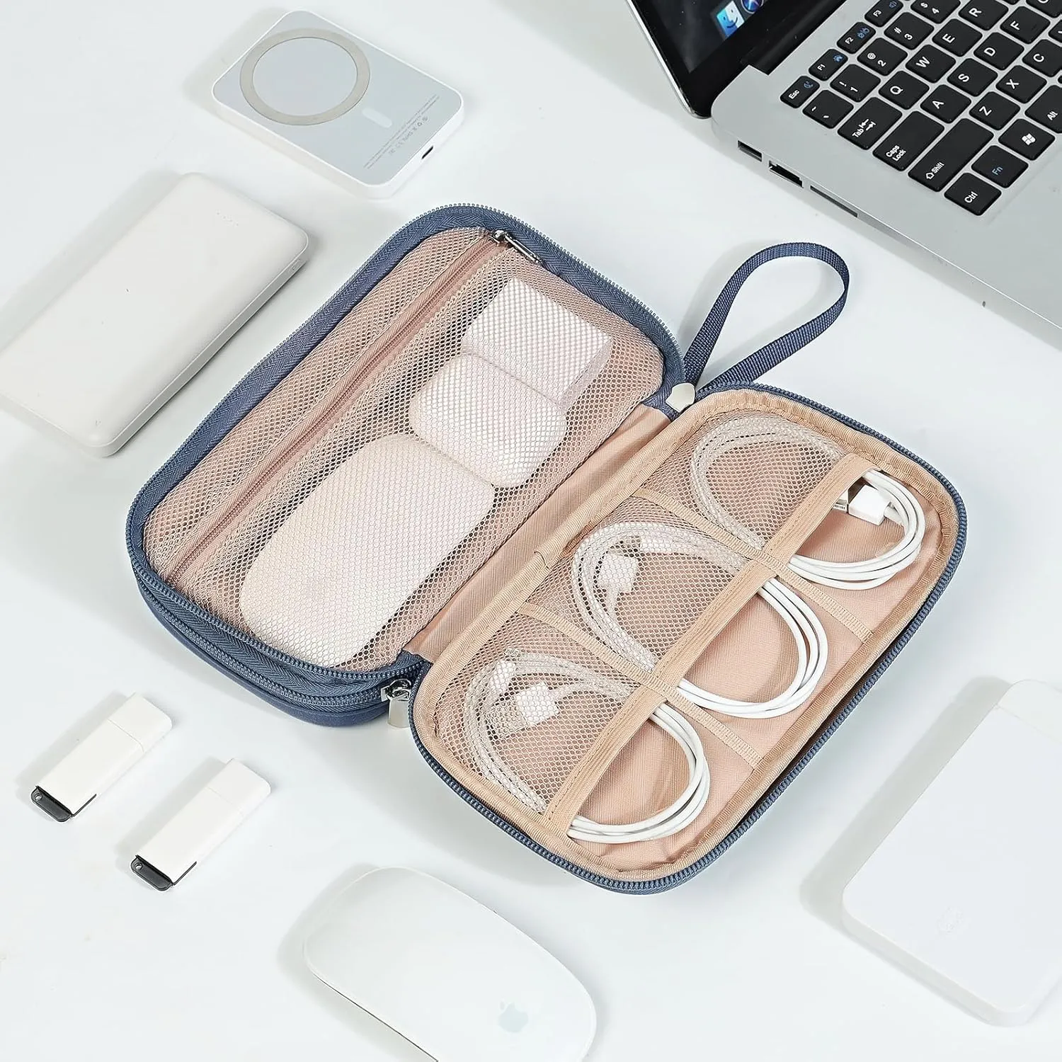 NISHEL Travel Cord Organizer Case, Double Layers Tech Electronic Bag, Essentials for Charger, Cable, Phone, Flash drive, Aegean-Blue
