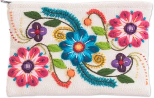 NOVICA Artisan Hand Embroidered Alpaca Blend Clutch Floral in Eggshell from Peru Wool Multicolor White 'Vibrant Flowers'