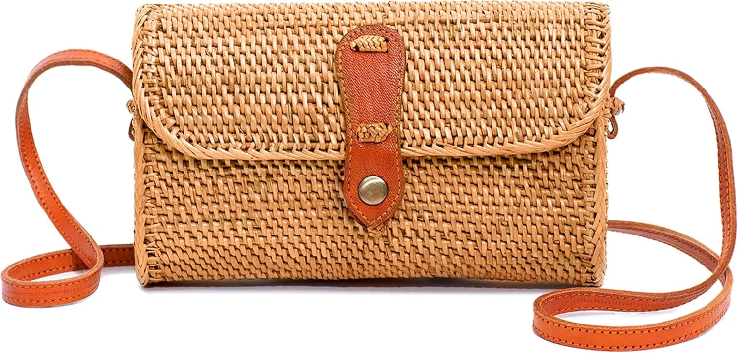 Novum Crafts Round Rattan Bag for Women - Handmade Ata Wicker Woven Purse - Circle, Square, Oval Brown Straw Boho Bags