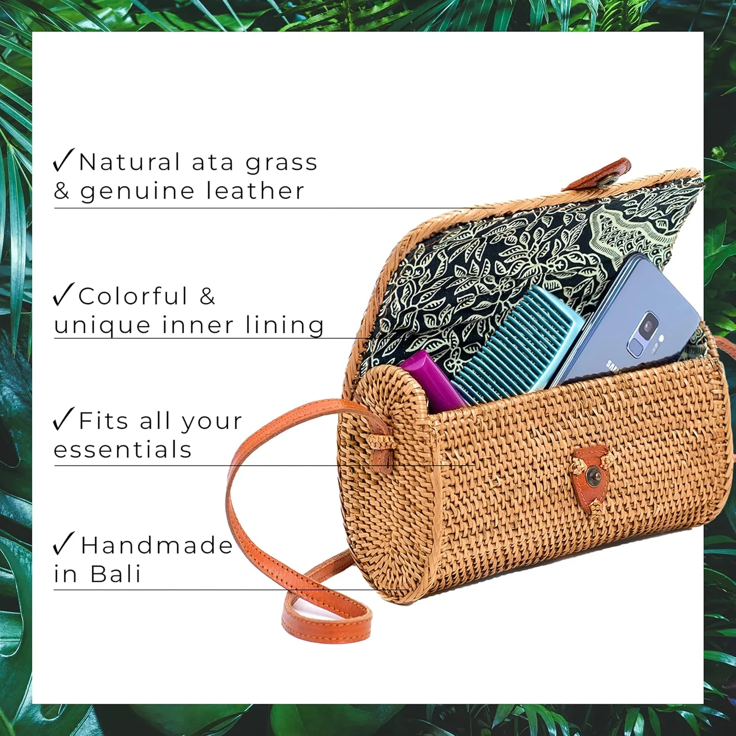 Novum Crafts Round Rattan Bag for Women - Handmade Ata Wicker Woven Purse - Circle, Square, Oval Brown Straw Boho Bags