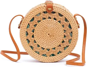 Novum Crafts Round Rattan Bag for Women - Handmade Straw Bags - Wicker Purse - Brown White Circle Crossbody Boho Bags