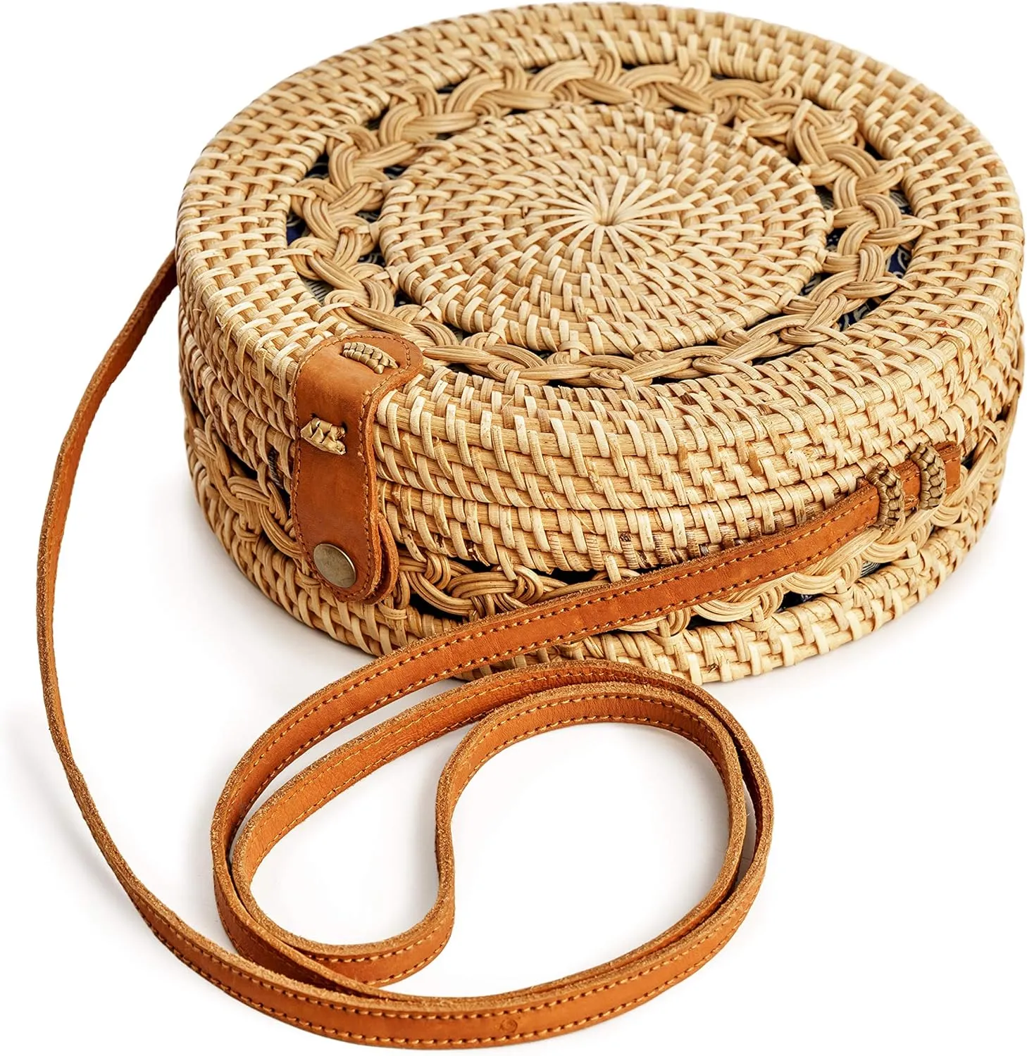 Novum Crafts Round Rattan Bag for Women - Handmade Straw Bags - Wicker Purse - Brown White Circle Crossbody Boho Bags