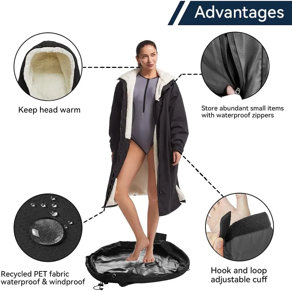 Oksun Waterproof Swim Parka, Windproof Surf Poncho Warm Coat, Recycled Fabric Water Resistent Oversized Sherpa Lining Jacket