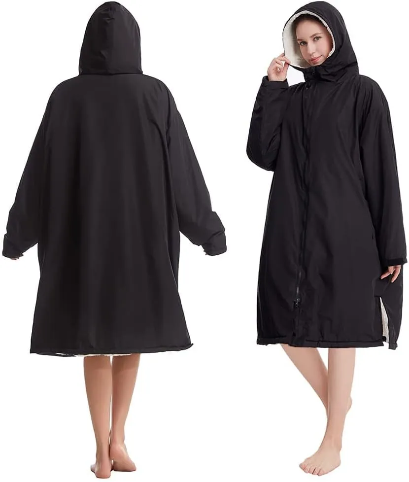 Oksun Waterproof Swim Parka, Windproof Surf Poncho Warm Coat, Recycled Fabric Water Resistent Oversized Sherpa Lining Jacket