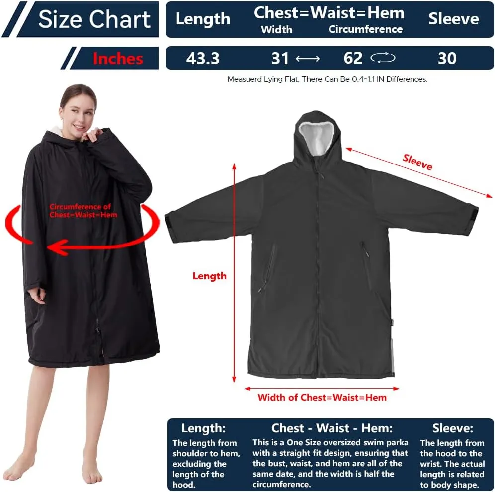 Oksun Waterproof Swim Parka, Windproof Surf Poncho Warm Coat, Recycled Fabric Water Resistent Oversized Sherpa Lining Jacket